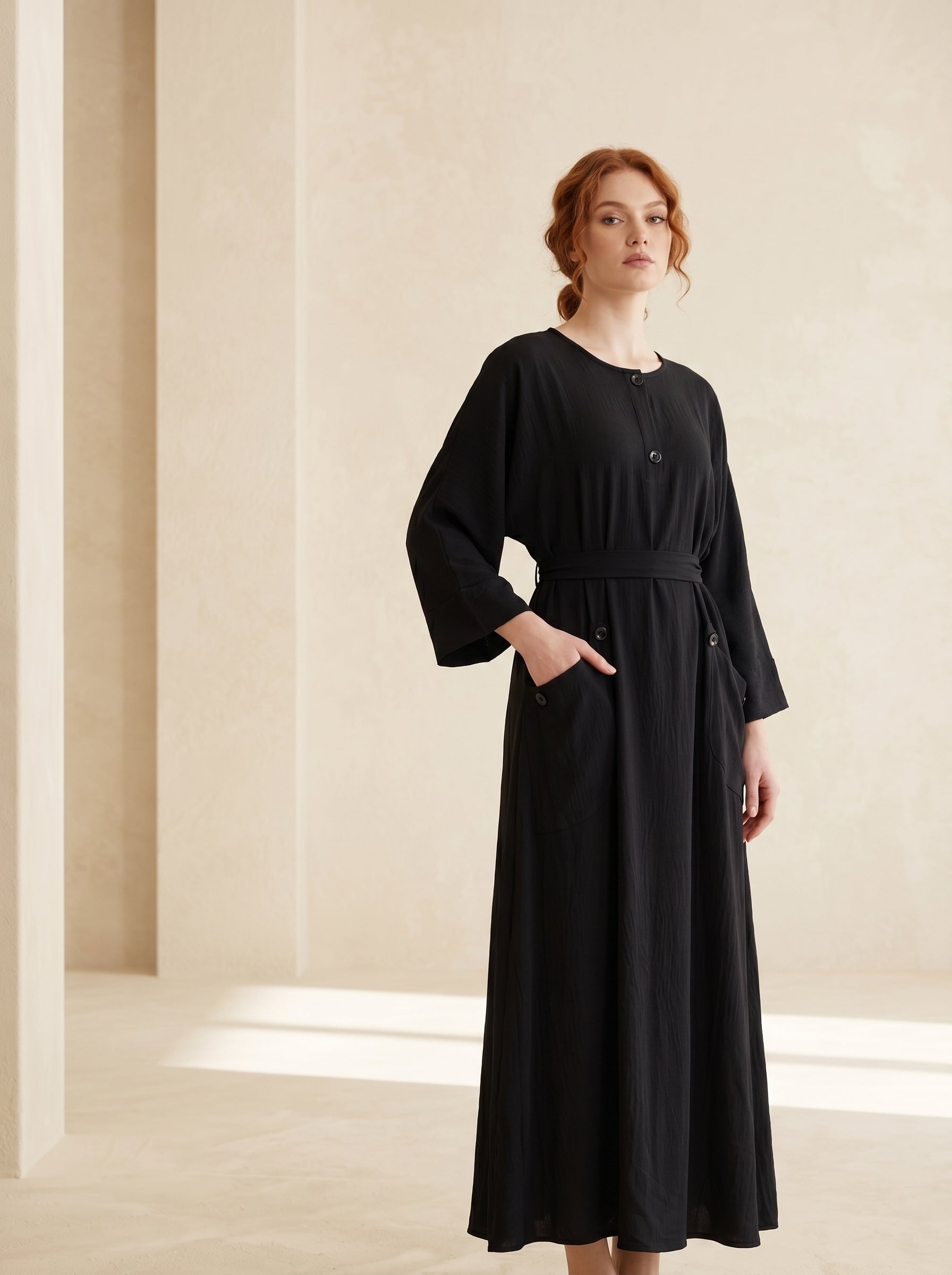 Button-Accent Tie-Waist Maxi Abaya