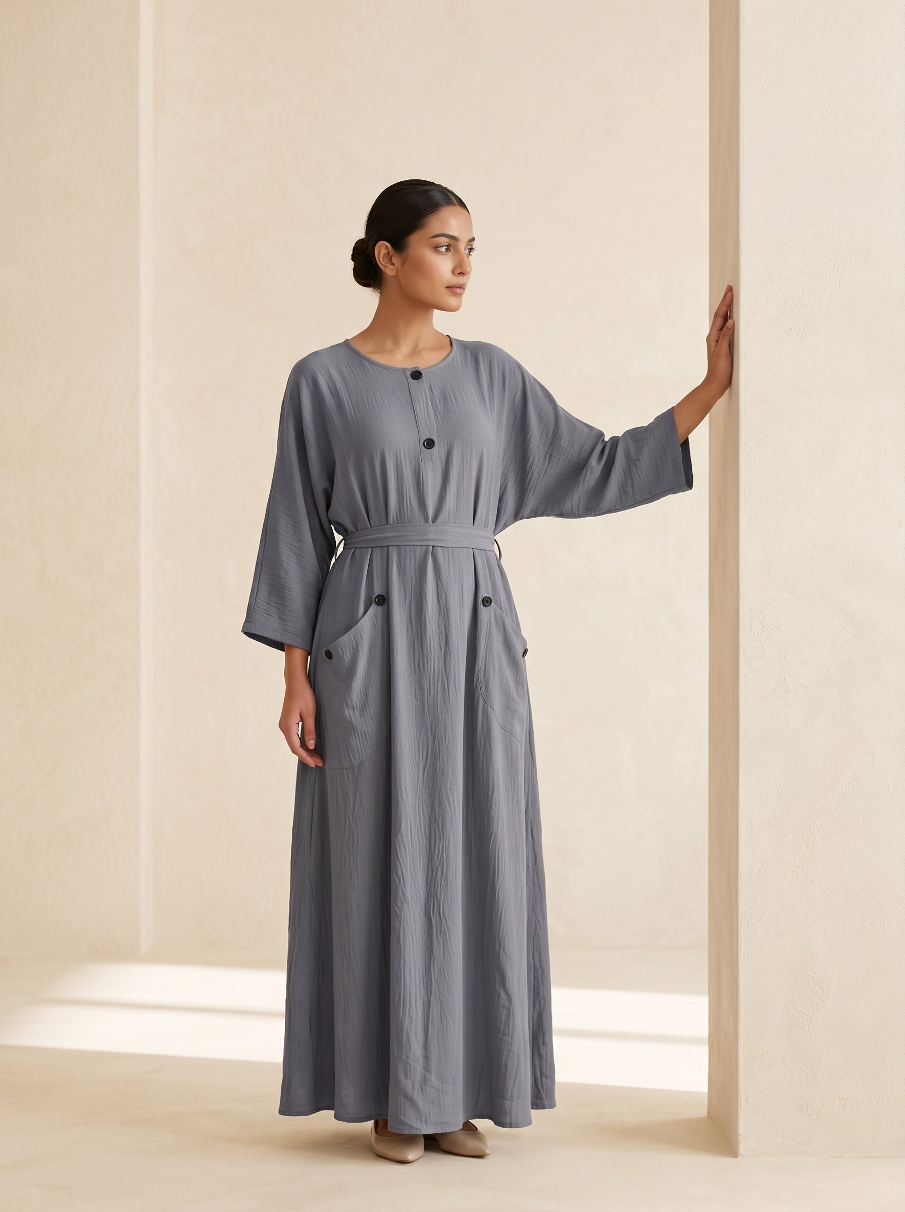 Button-Accent Tie-Waist Maxi Abaya