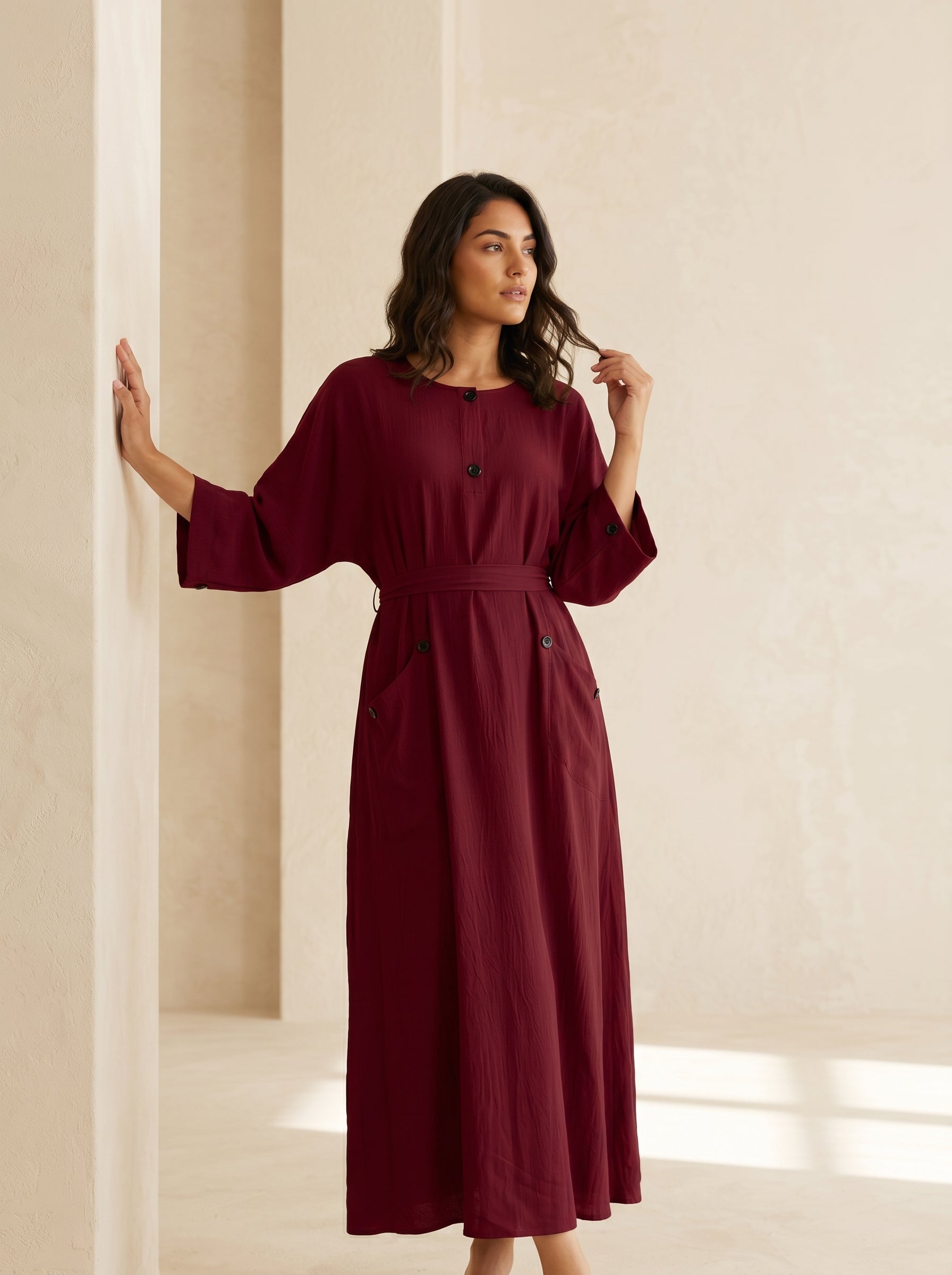 Button-Accent Tie-Waist Maxi Abaya