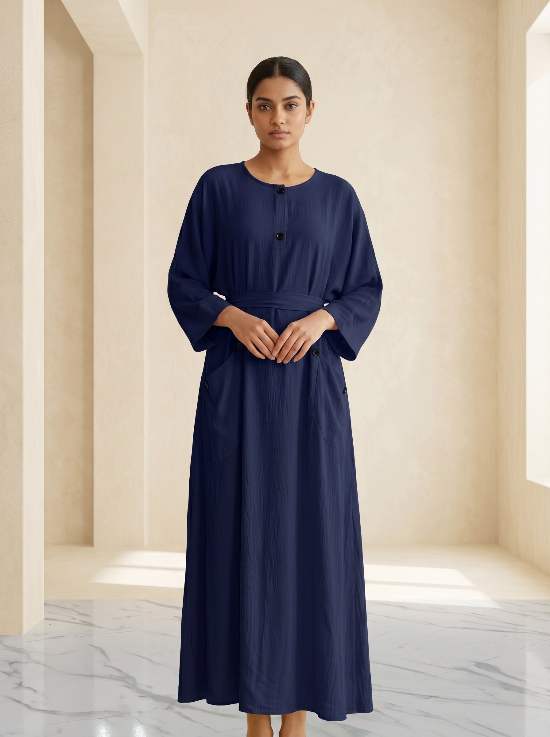 Button-Accent Tie-Waist Maxi Abaya