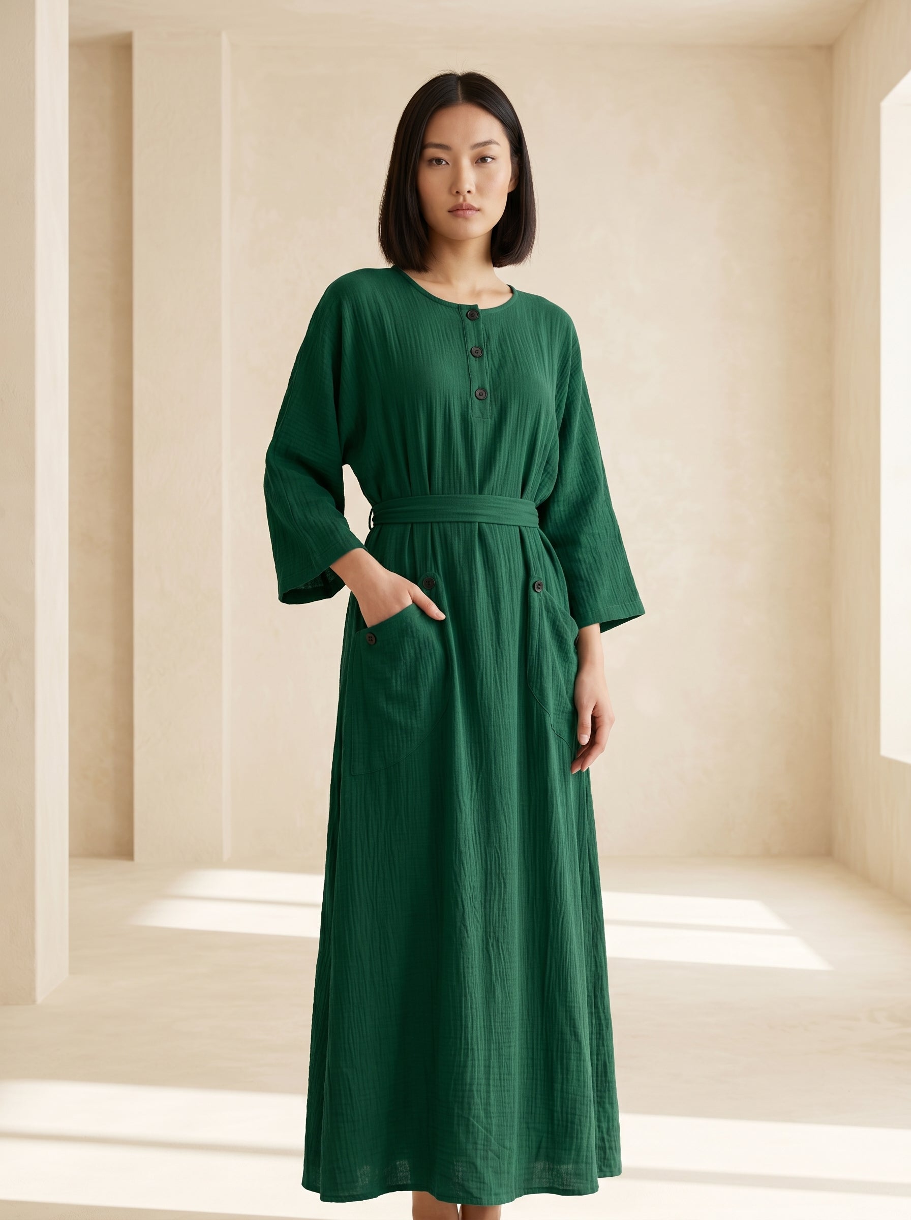 Button-Accent Tie-Waist Maxi Abaya