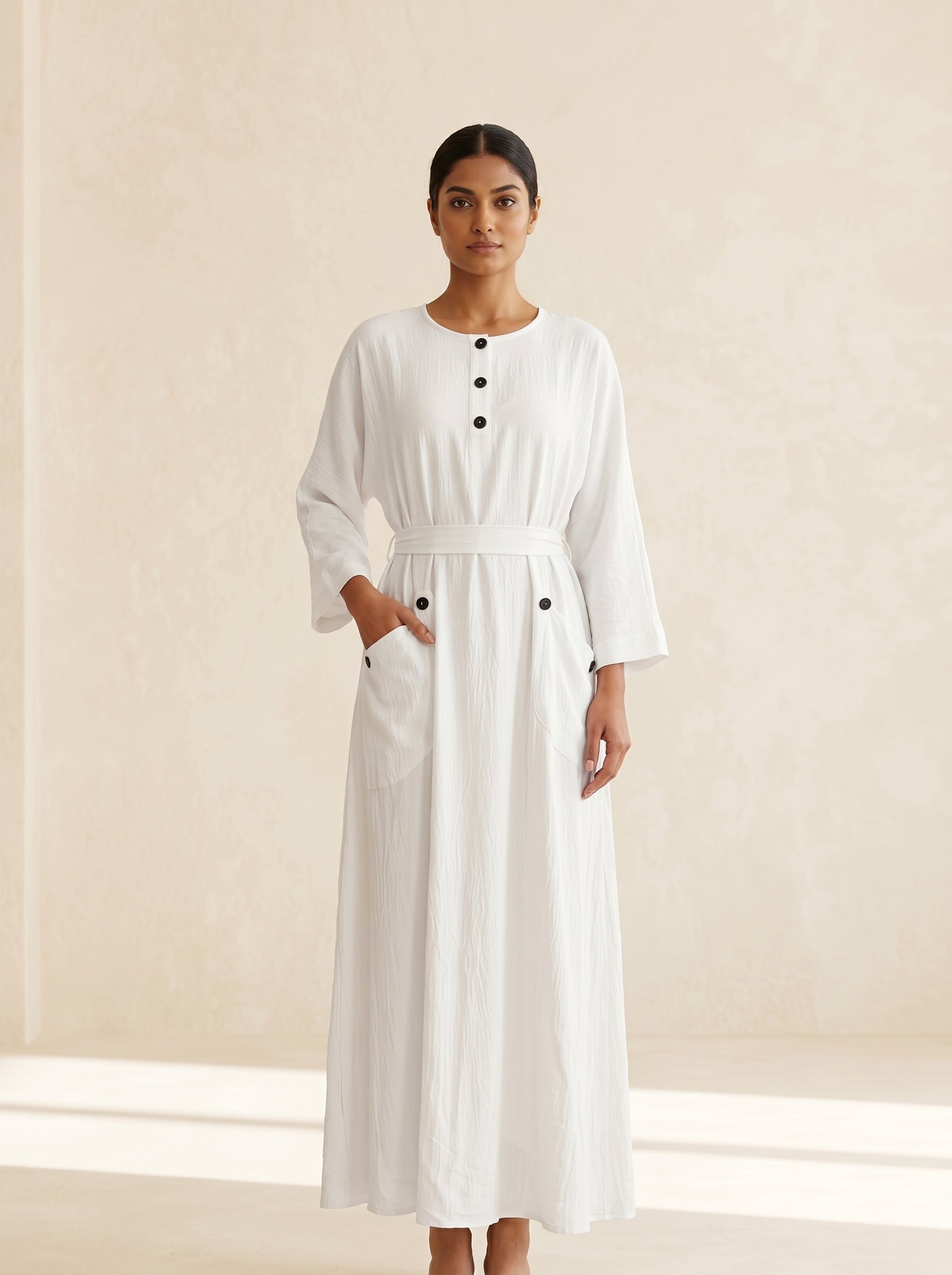Button-Accent Tie-Waist Maxi Abaya