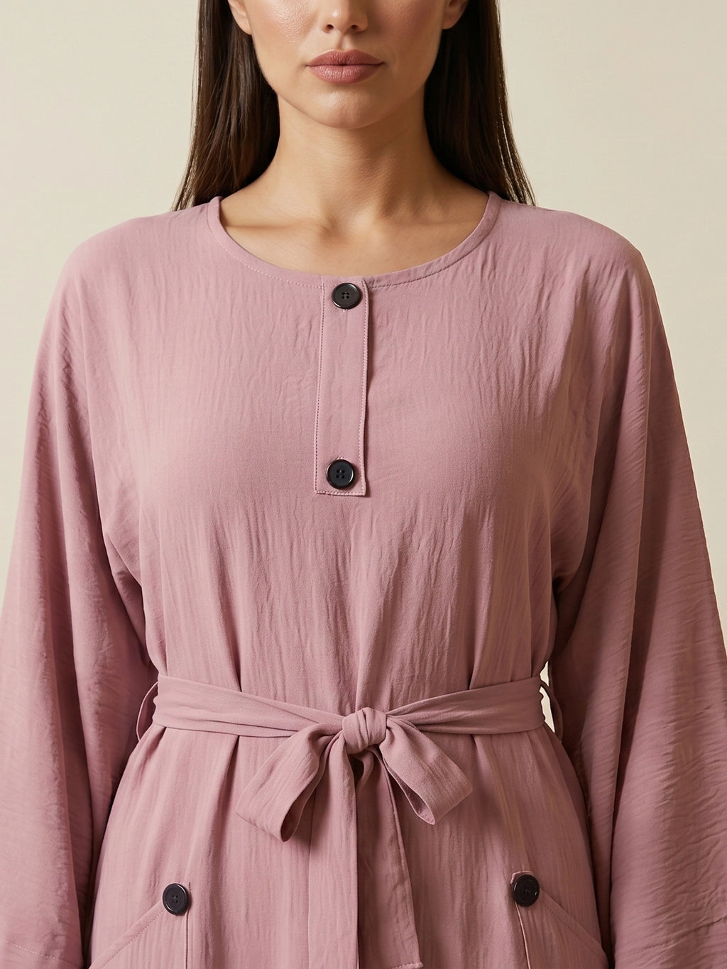Button-Accent Tie-Waist Maxi Abaya