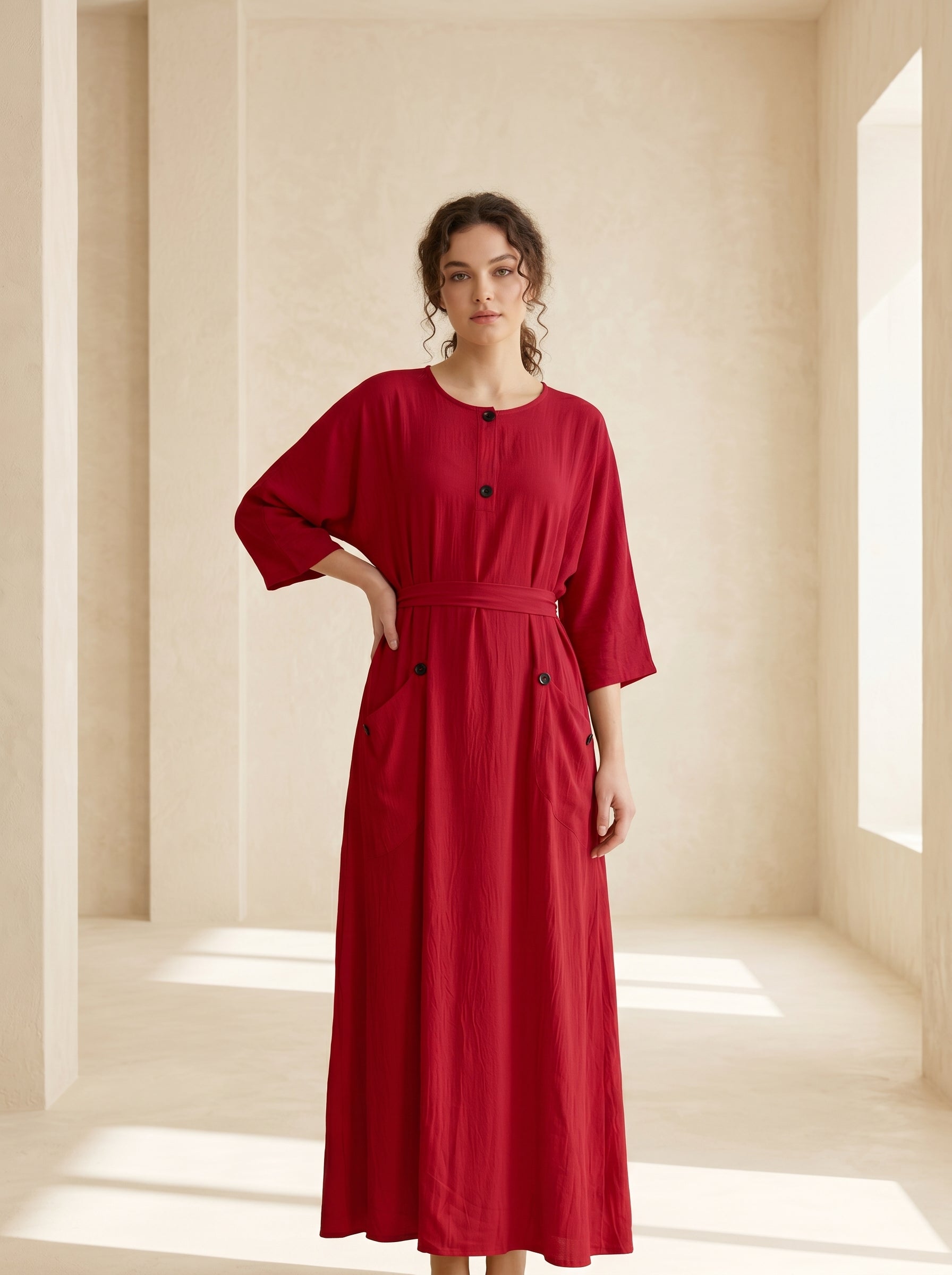 Button-Accent Tie-Waist Maxi Abaya