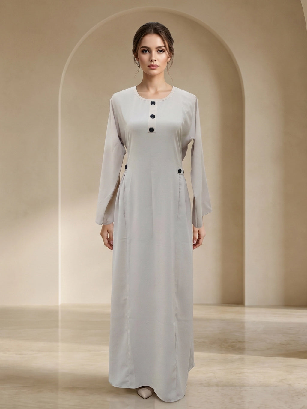 Button-Accent Modest Maxi Dress