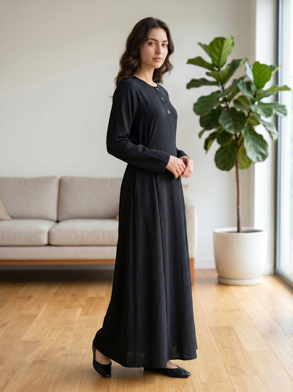 Button-Accent Modest Maxi Dress