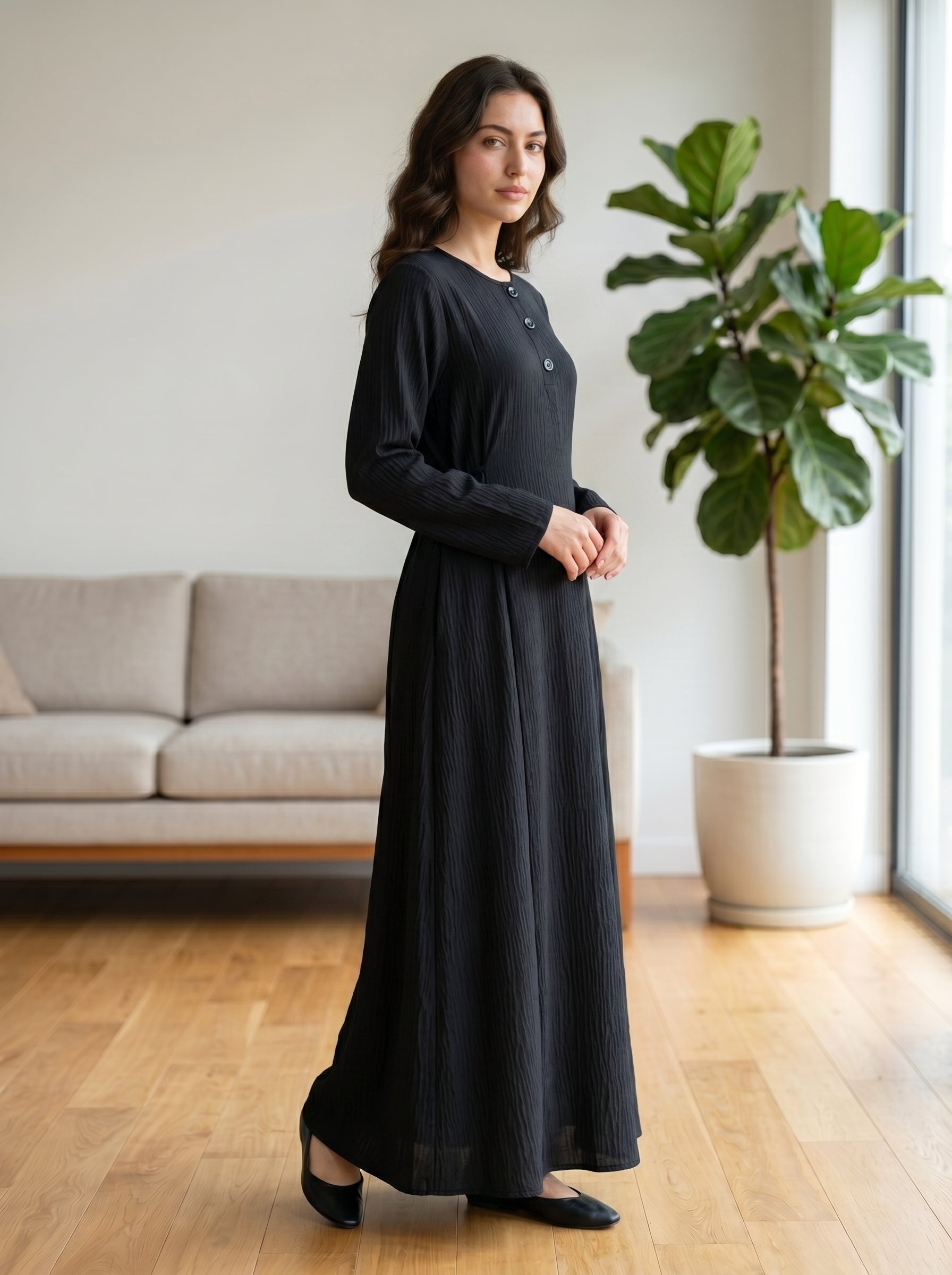 Button-Accent Modest Maxi Dress
