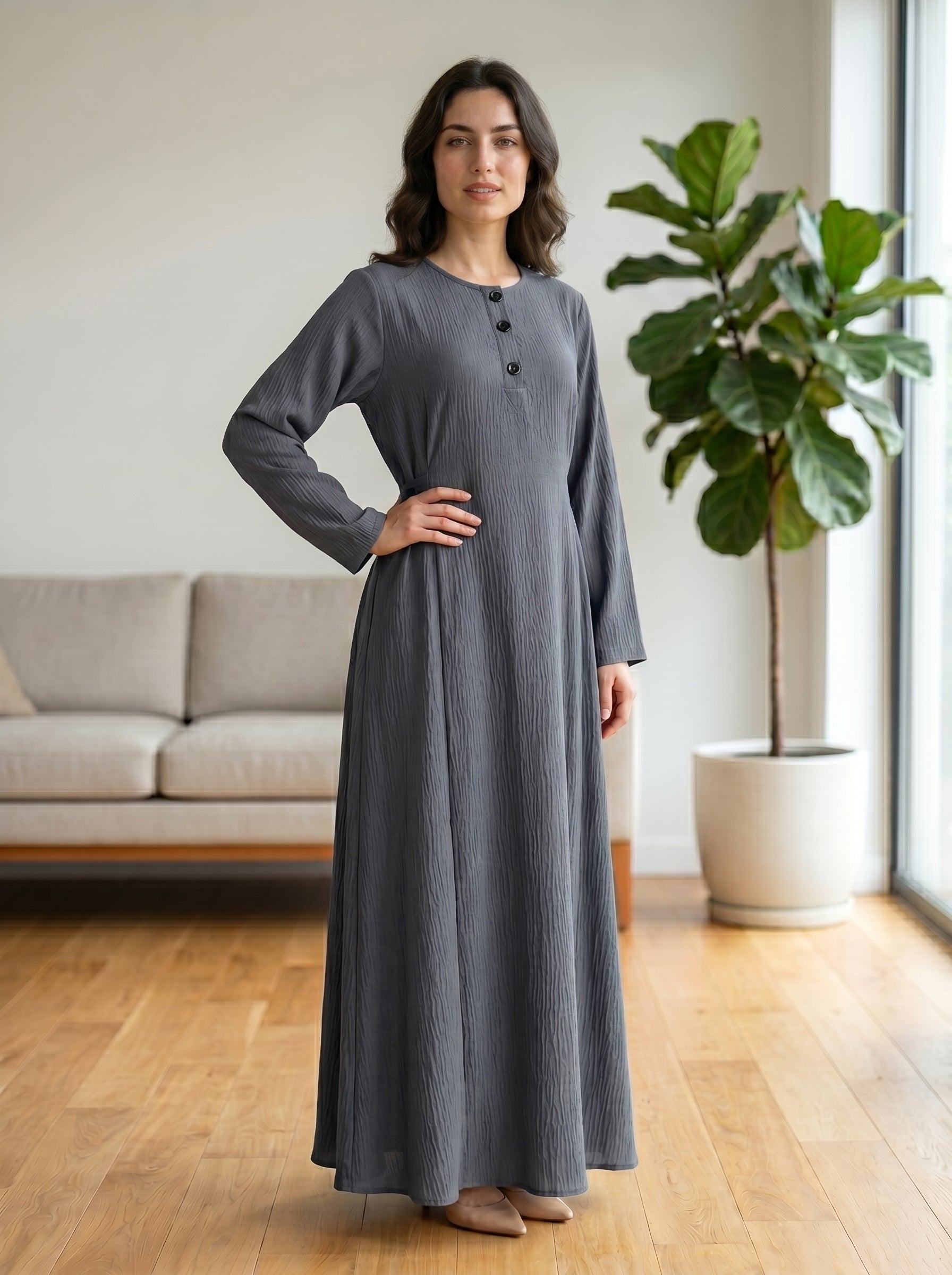 Button-Accent Modest Maxi Dress
