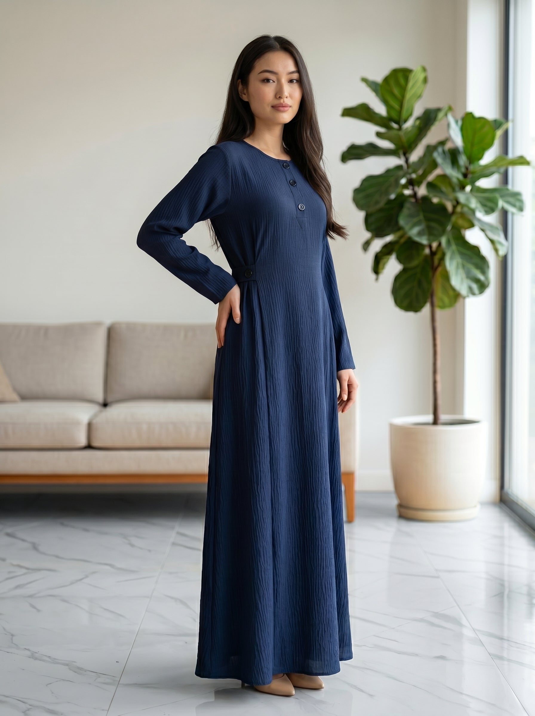 Button-Accent Modest Maxi Dress
