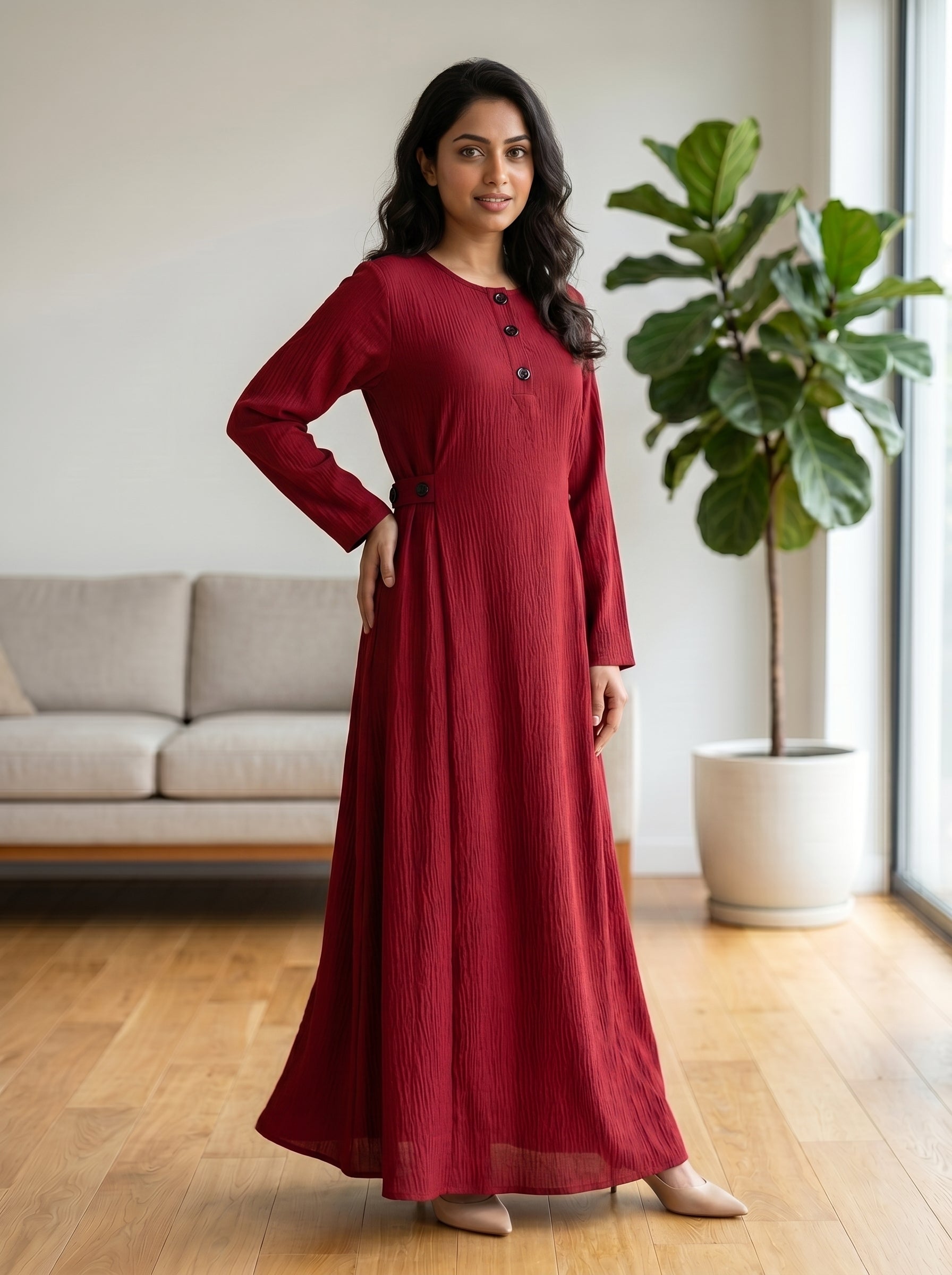 Button-Accent Modest Maxi Dress