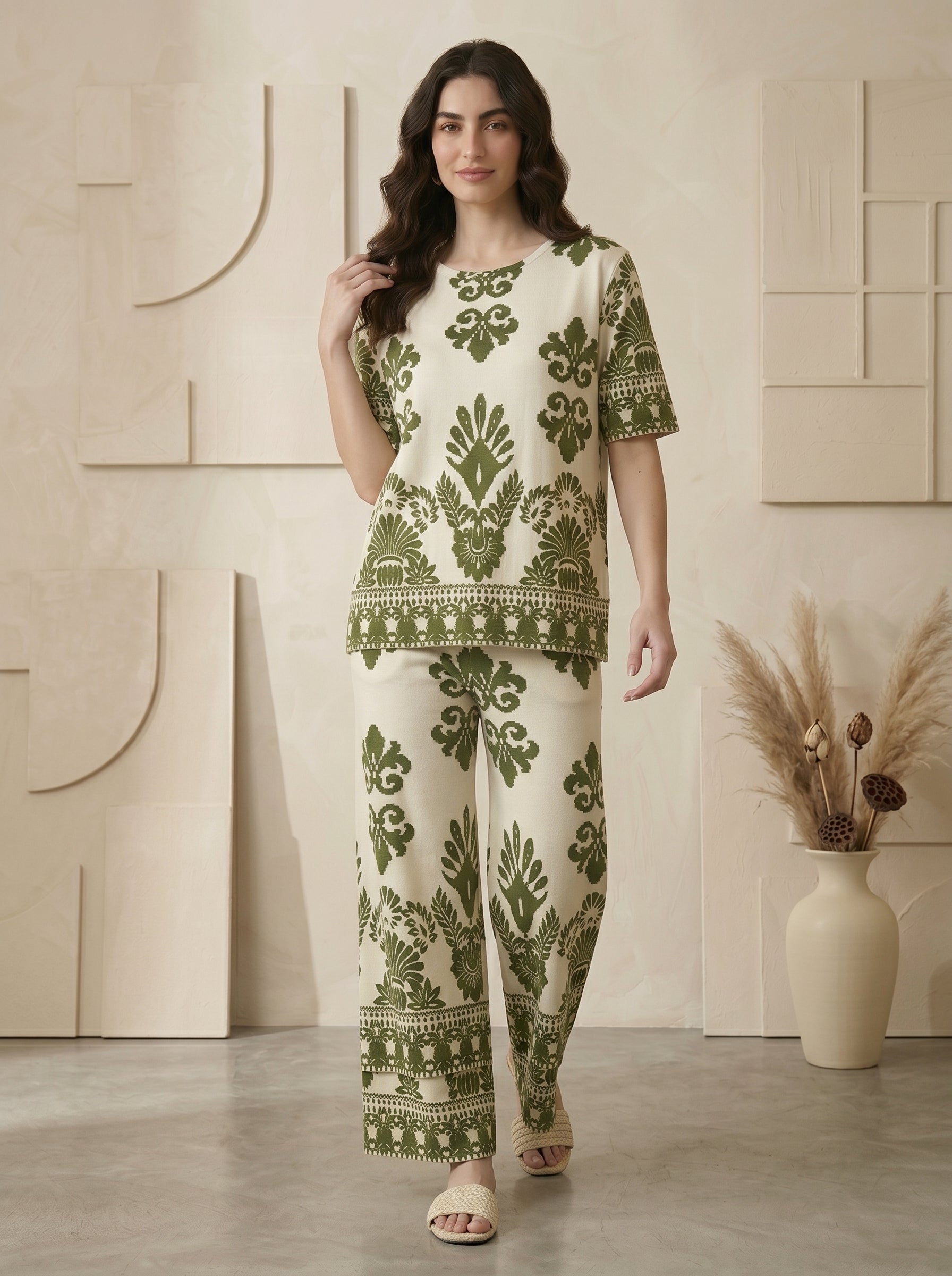 Classic Crewneck Statement Pattern Two-Piece Set