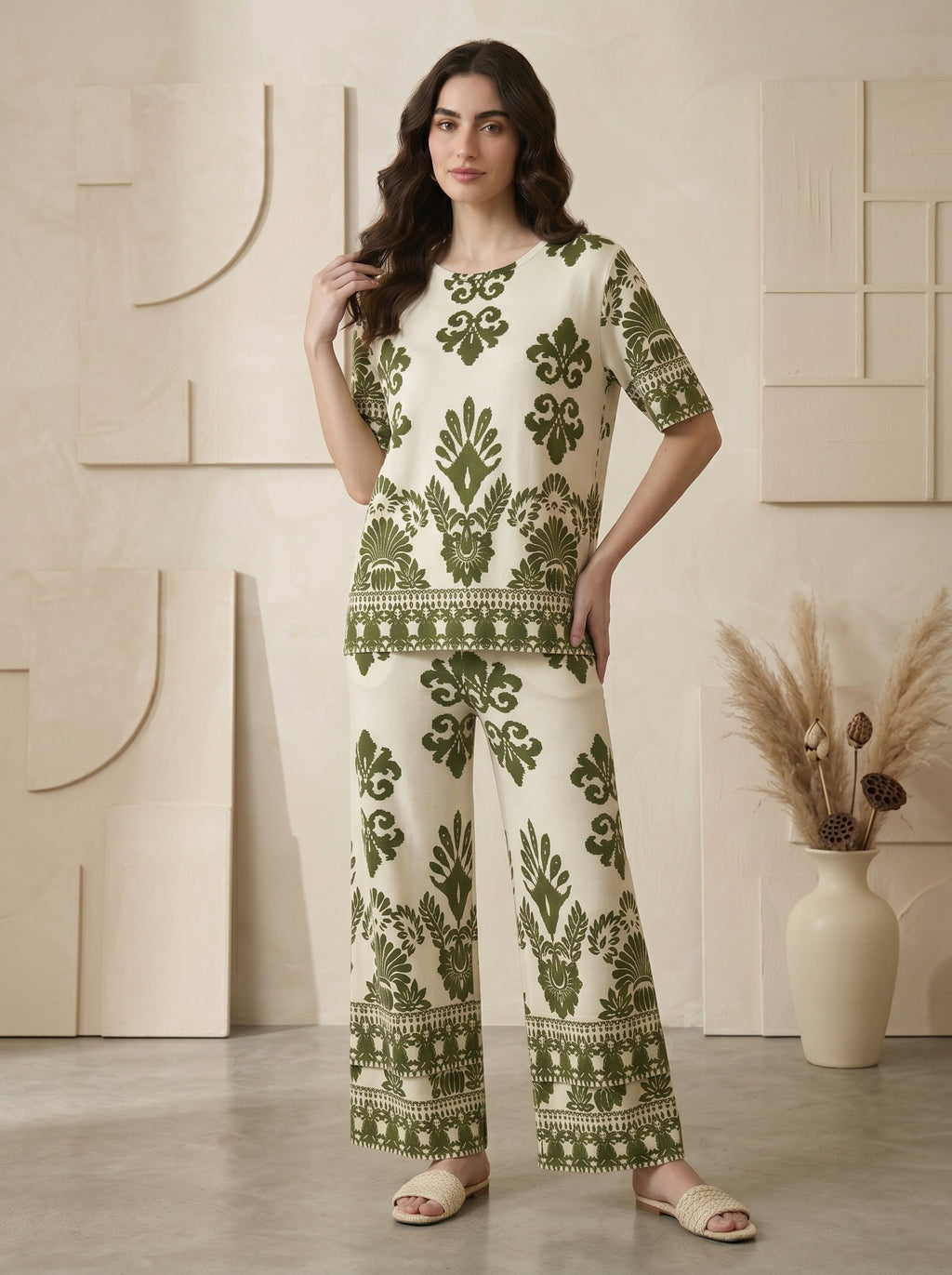Classic Crewneck Statement Pattern Two-Piece Set