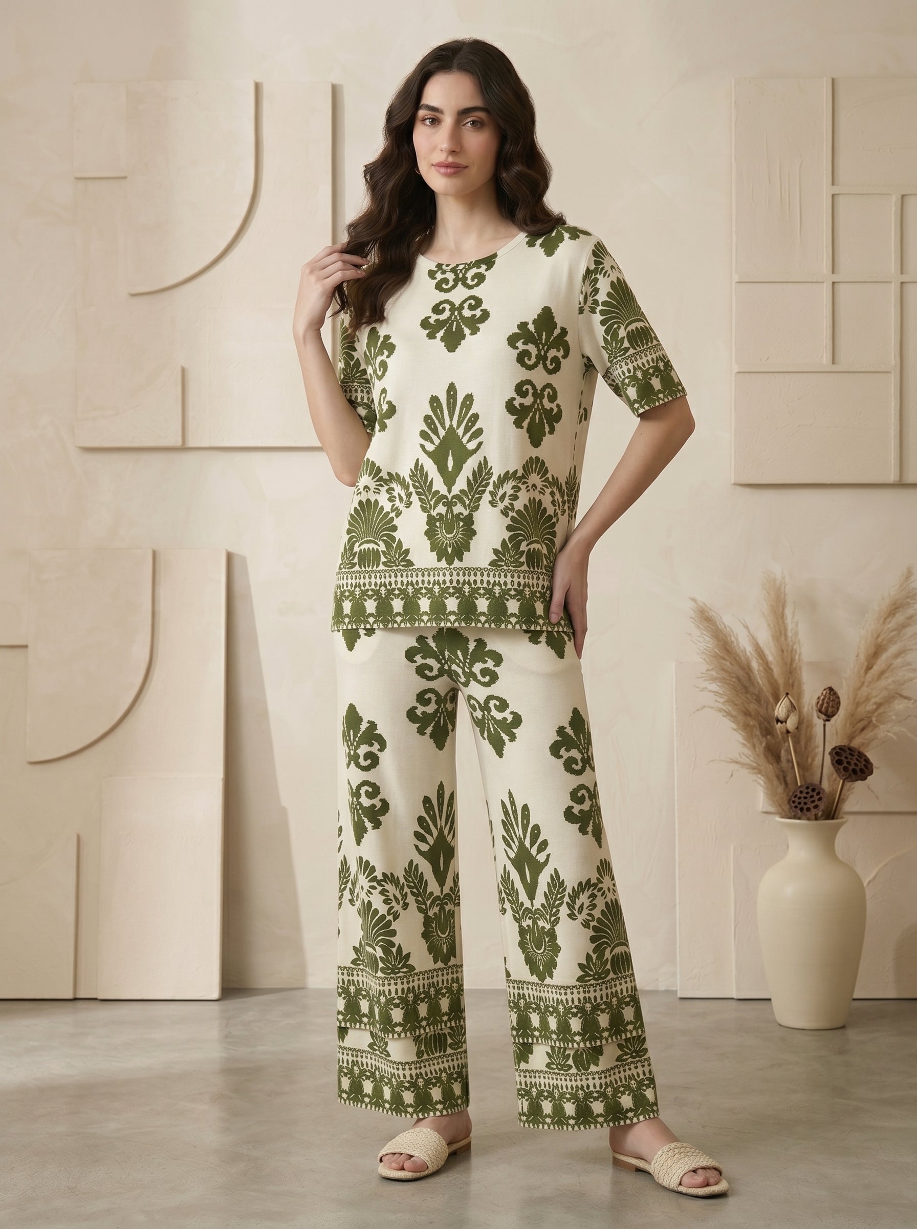 Classic Crewneck Statement Pattern Two-Piece Set