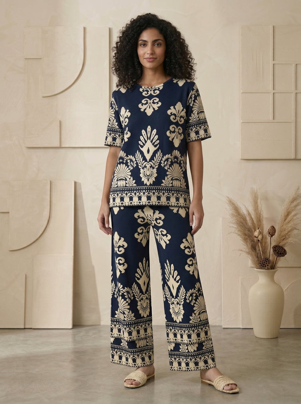 Classic Crewneck Statement Pattern Two-Piece Set