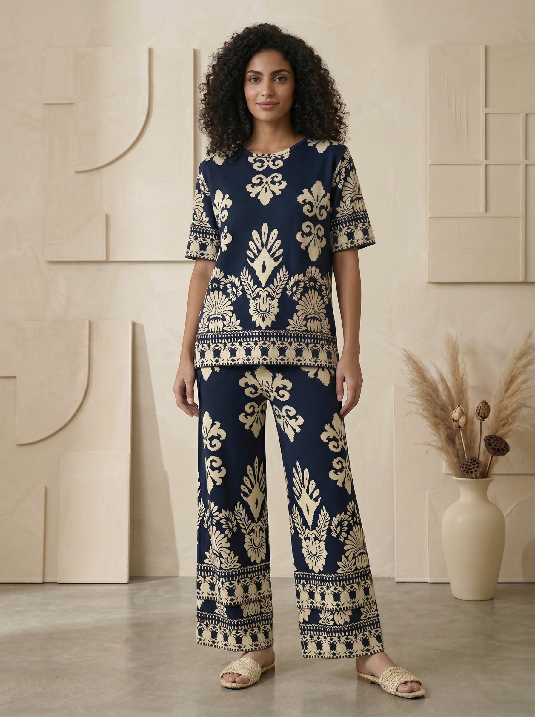 Classic Crewneck Statement Pattern Two-Piece Set