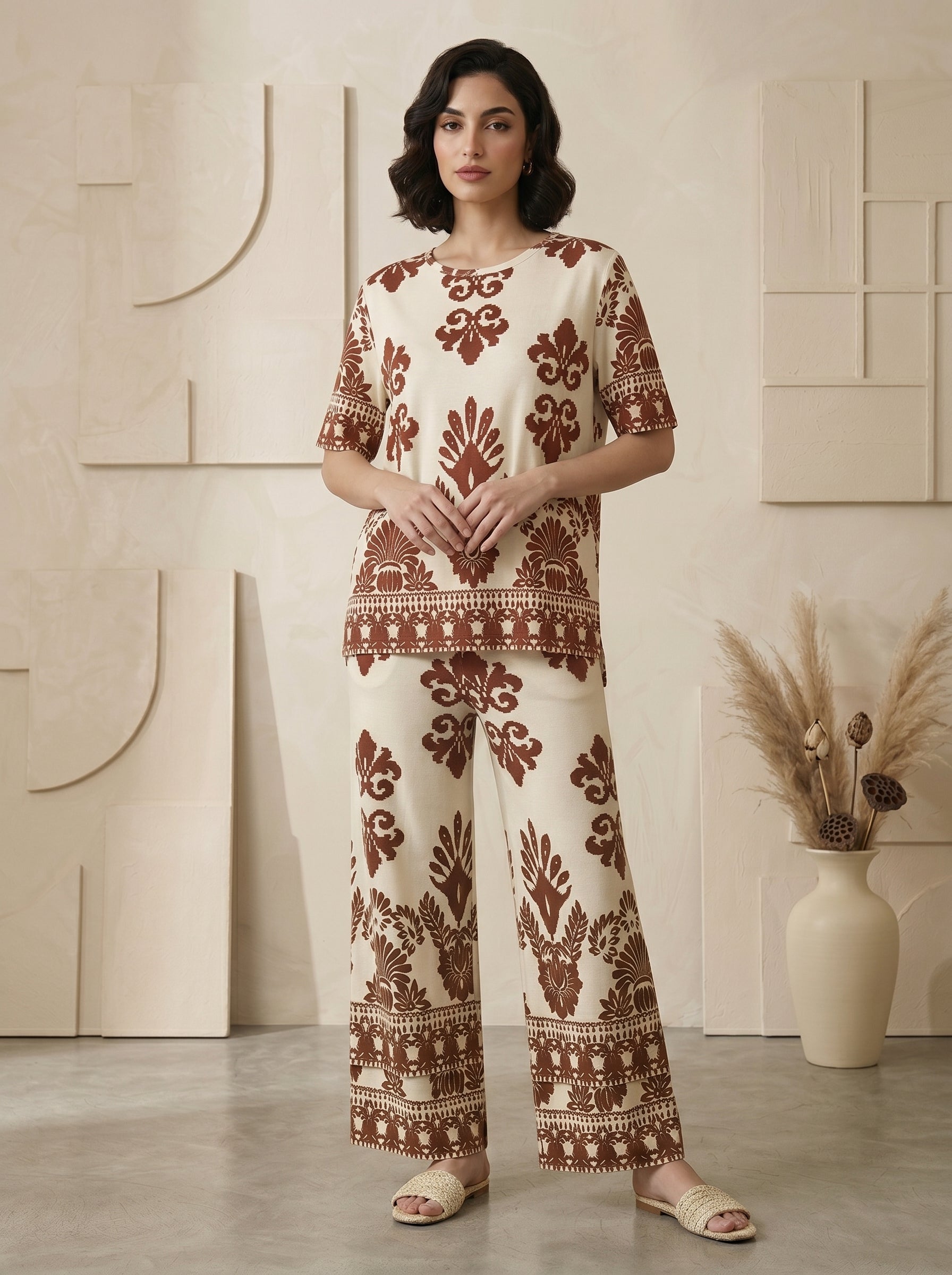 Classic Crewneck Statement Pattern Two-Piece Set