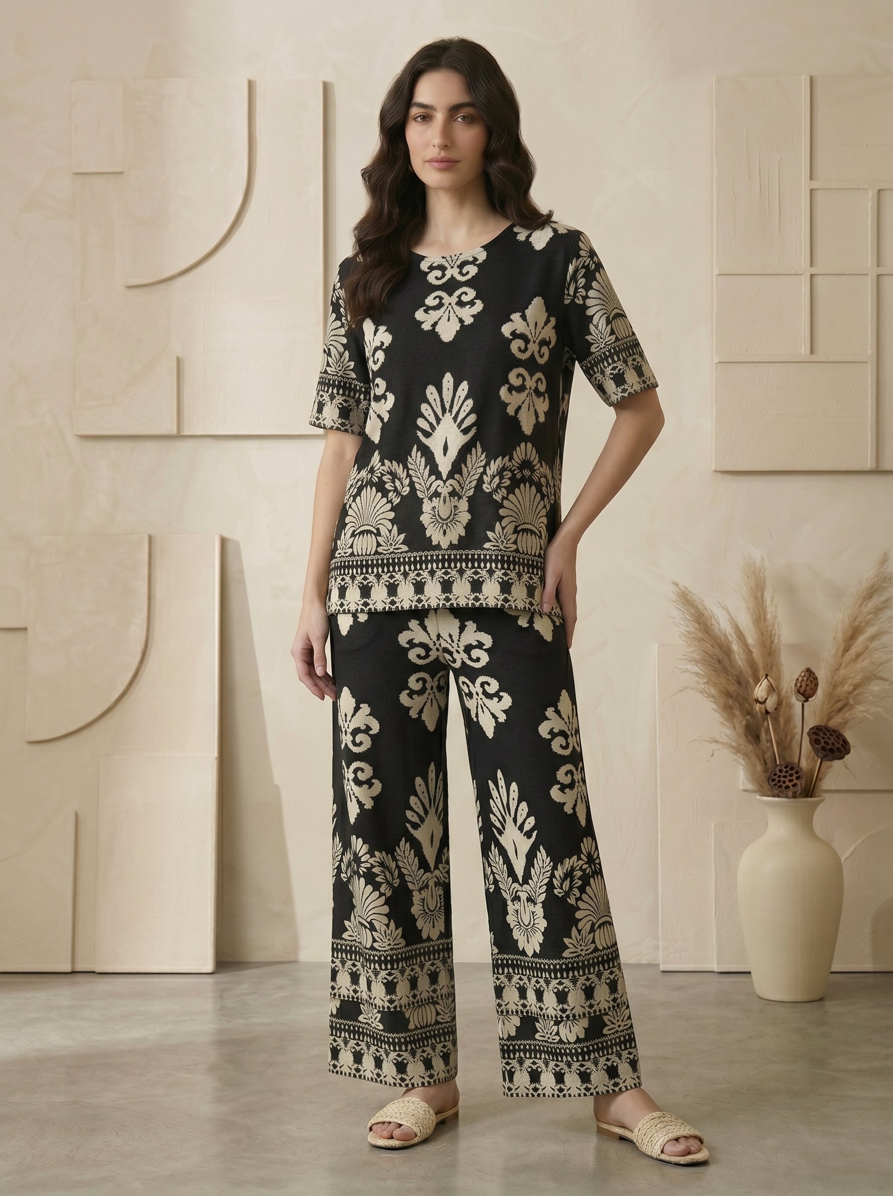 Classic Crewneck Statement Pattern Two-Piece Set