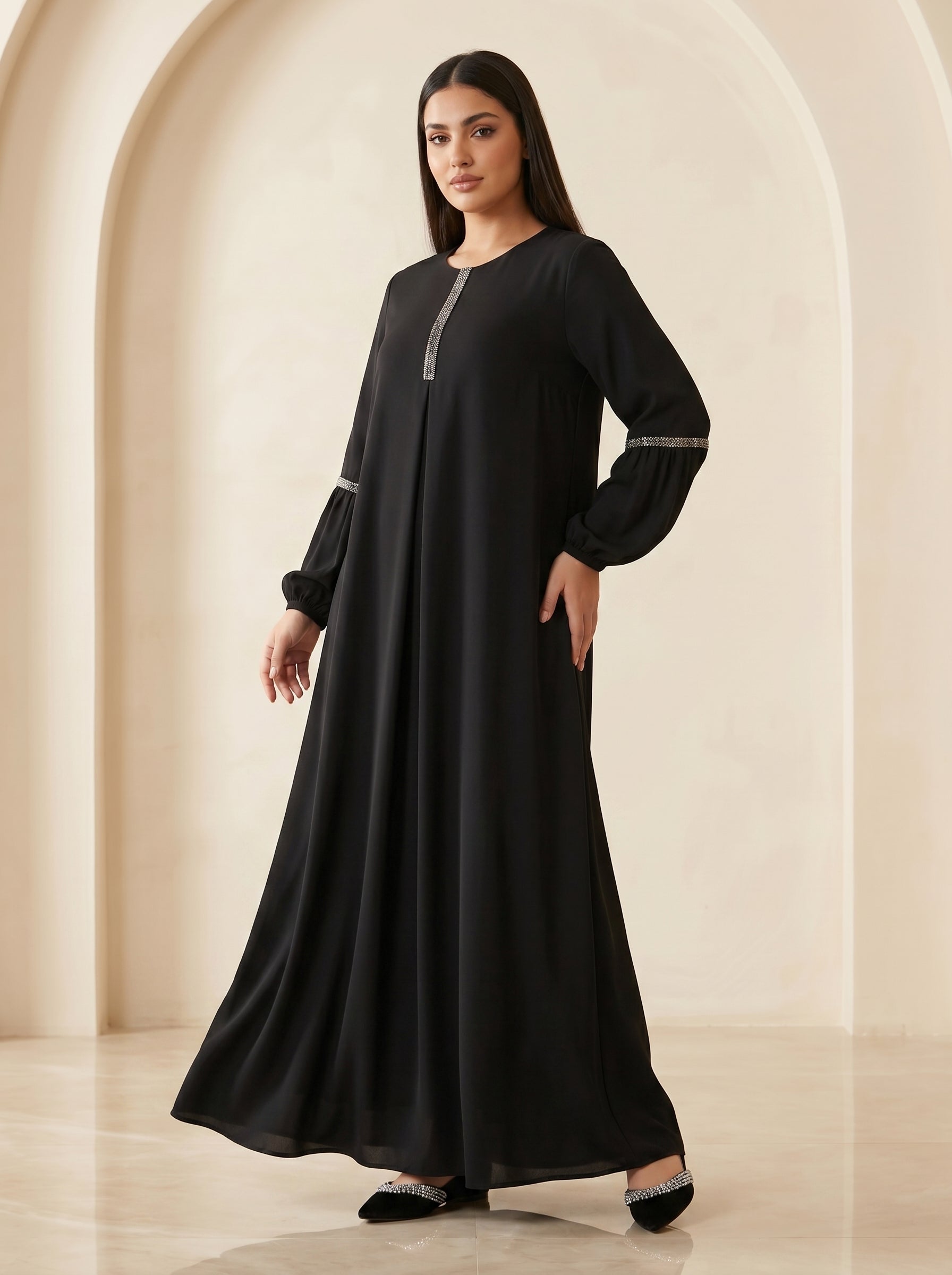 Embellished Placket Pleated Maxi Gown