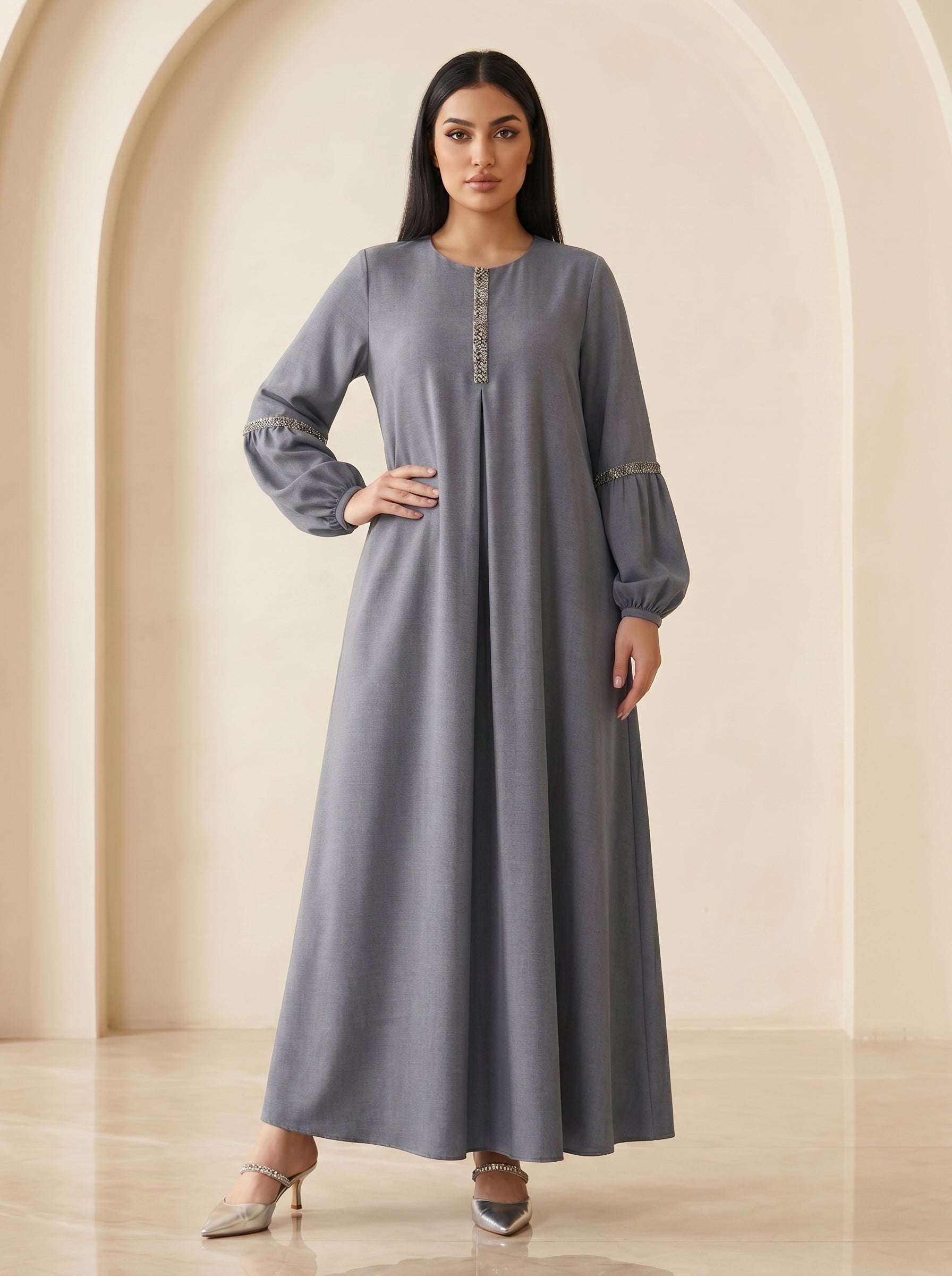 Embellished Placket Pleated Maxi Gown