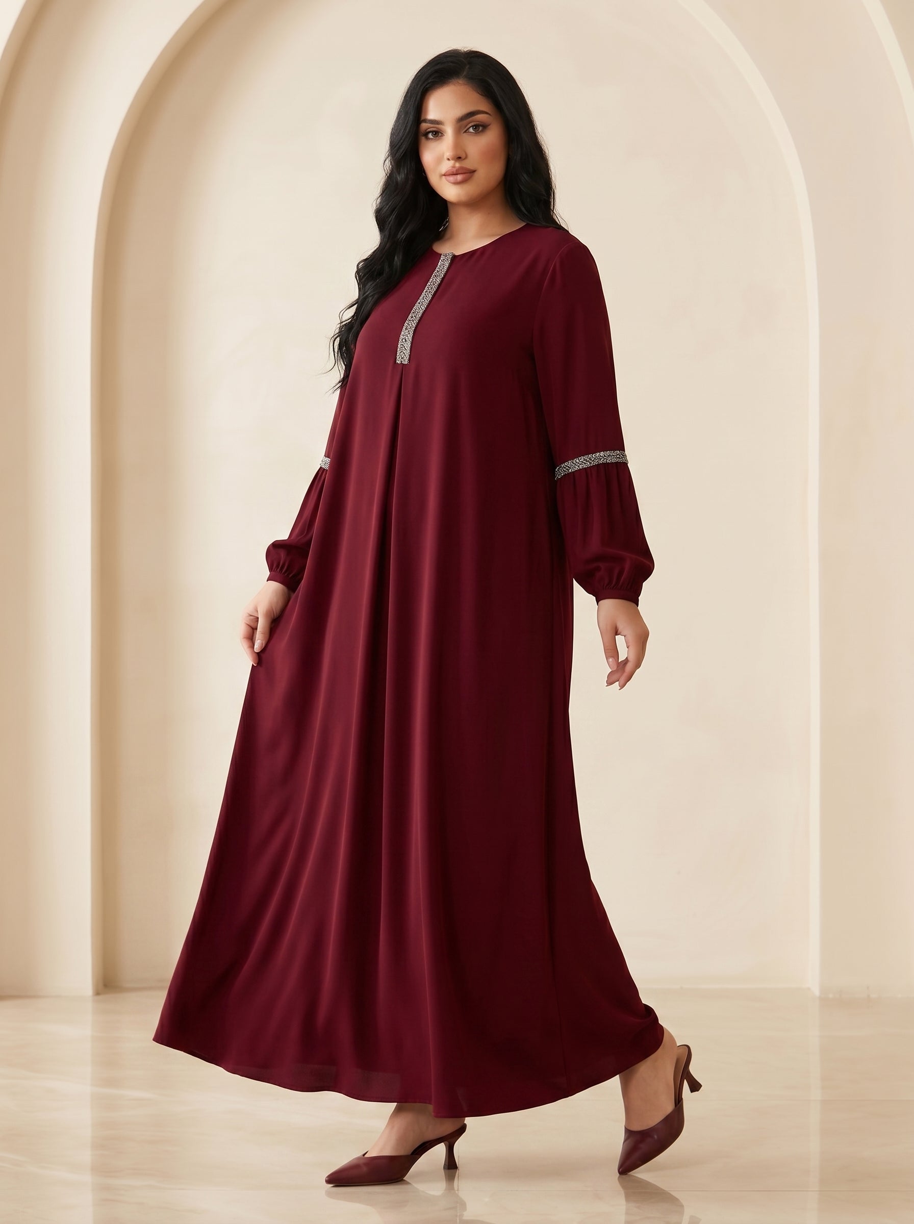Embellished Placket Pleated Maxi Gown