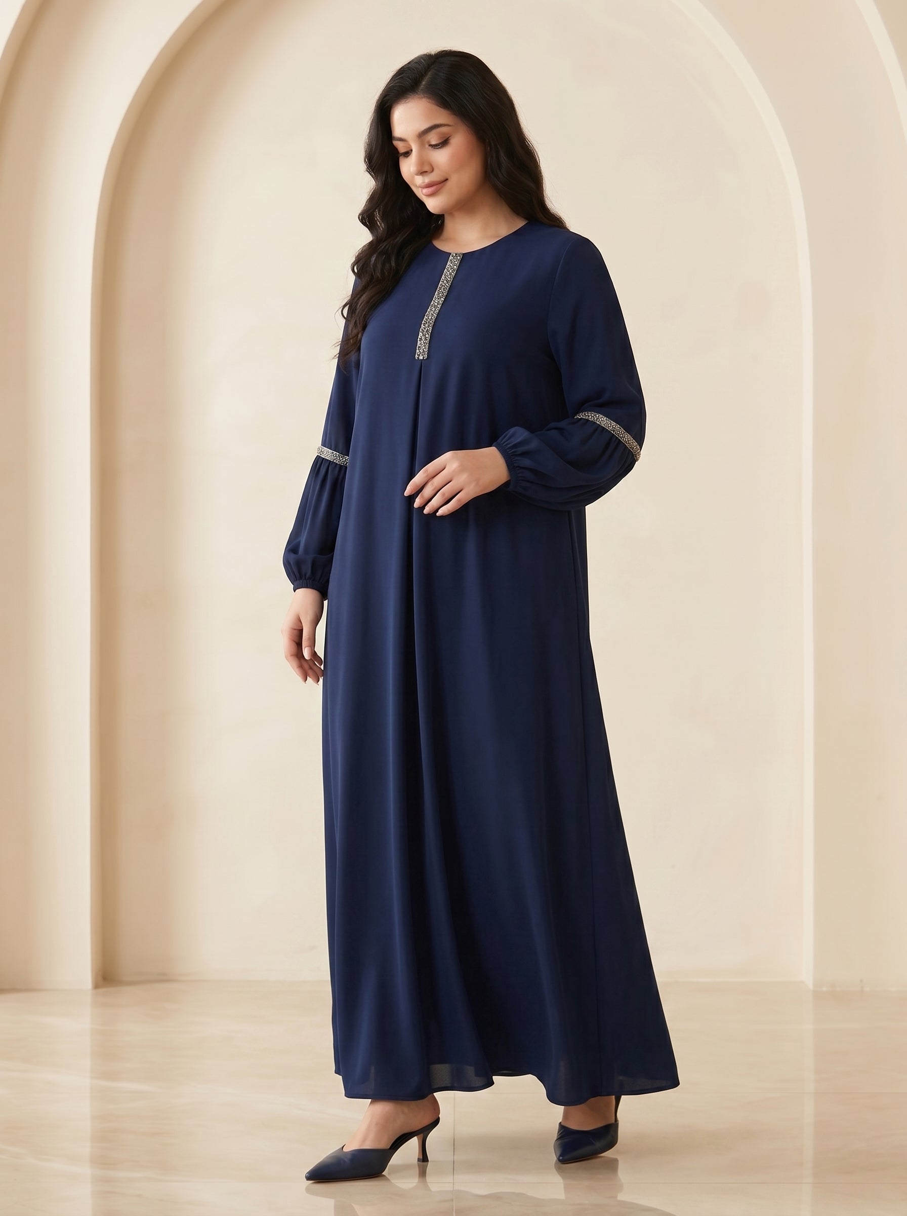 Embellished Placket Pleated Maxi Gown