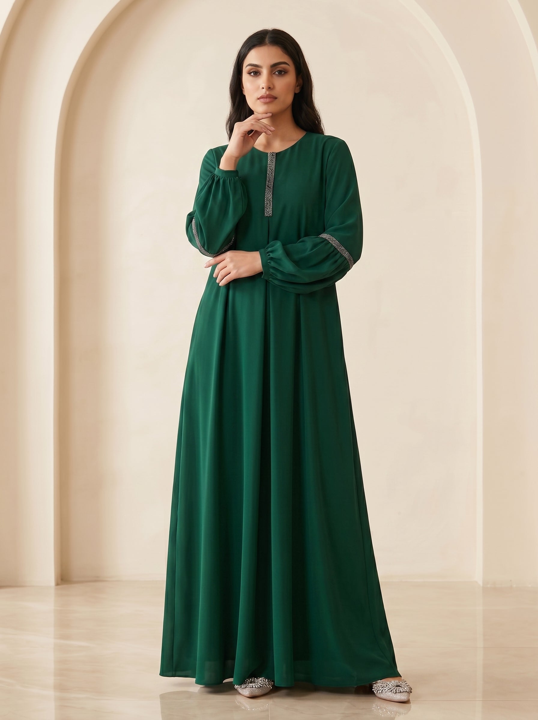 Embellished Placket Pleated Maxi Gown