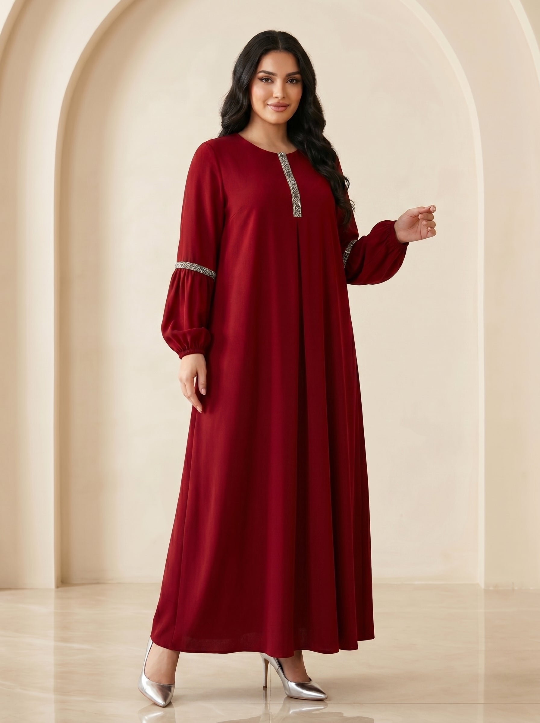 Embellished Placket Pleated Maxi Gown