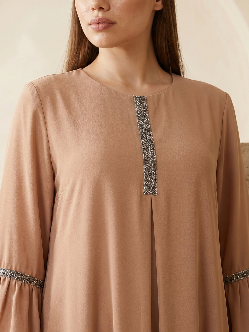Embellished Placket Pleated Maxi Gown