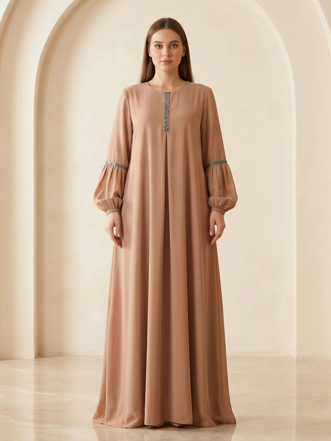 Embellished Placket Pleated Maxi Gown