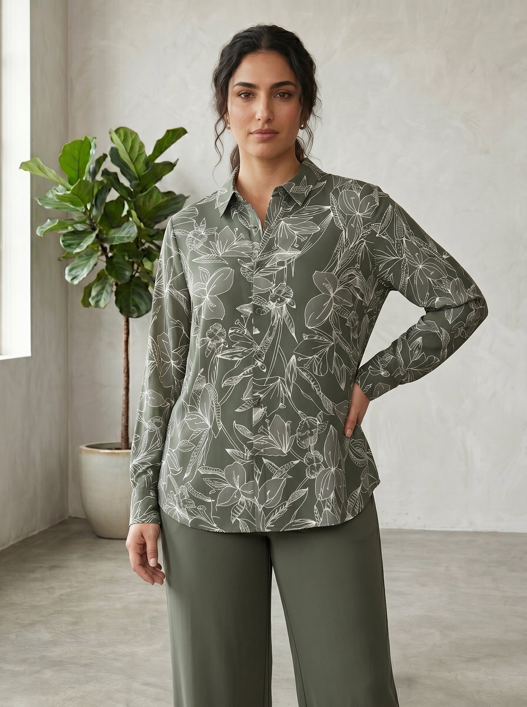 Classic Collared Line-Art Floral Matching Set