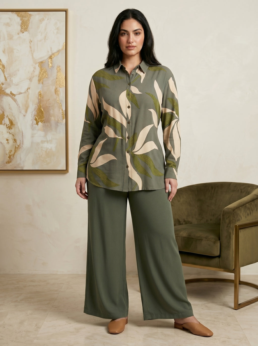 Two-Piece Nature-Print Button-Down Blouse and Matching Trousers Set