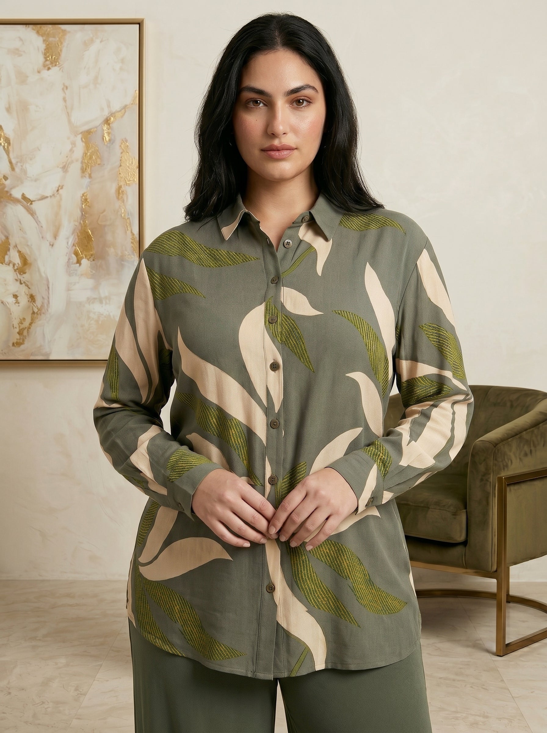 Two-Piece Nature-Print Button-Down Blouse and Matching Trousers Set