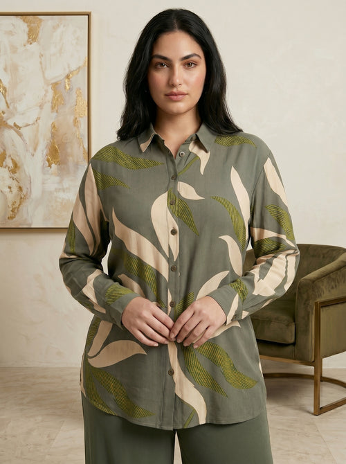 Two-Piece Nature-Print Button-Down Blouse and Matching Trousers Set