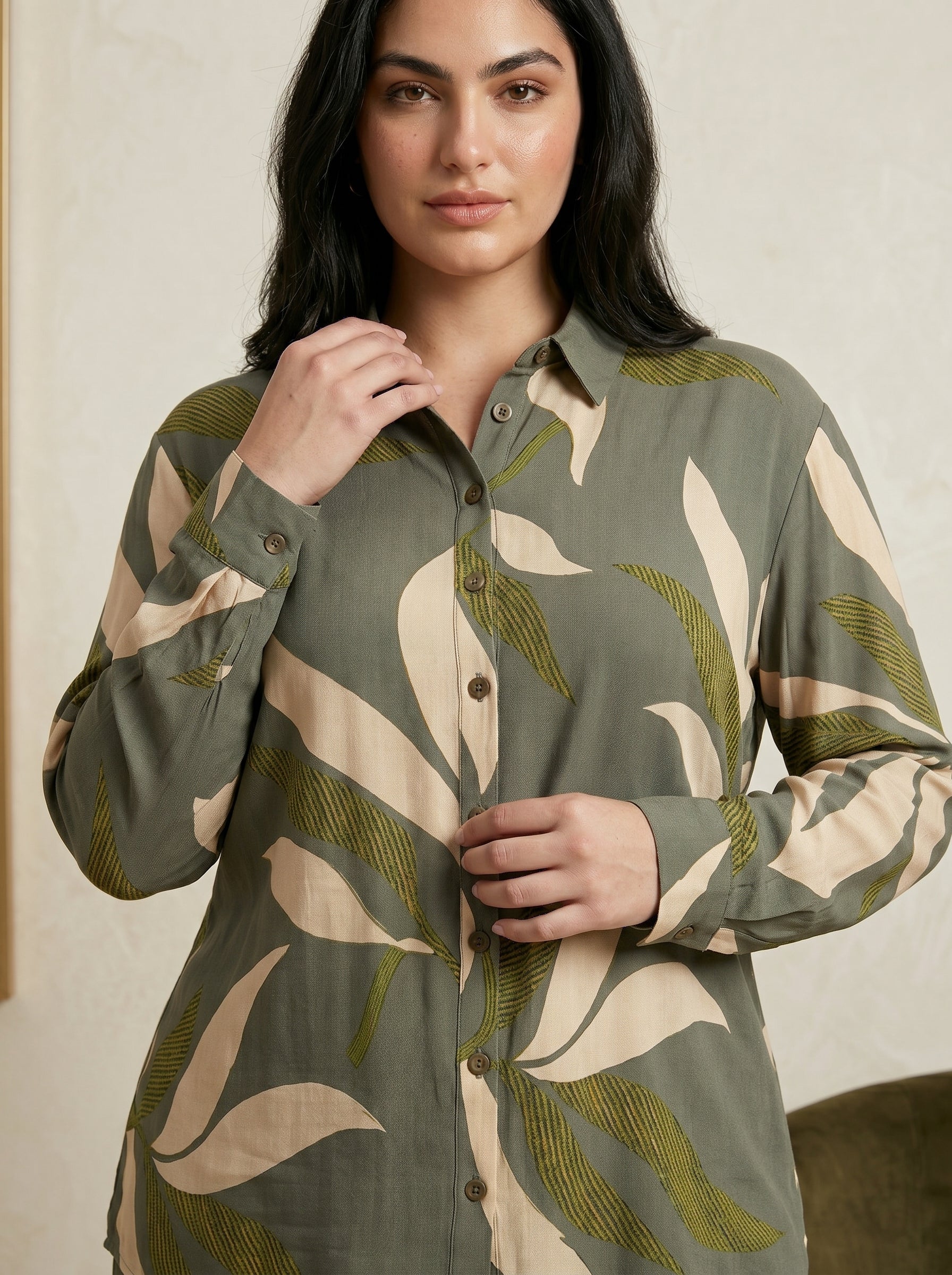 Two-Piece Nature-Print Button-Down Blouse and Matching Trousers Set