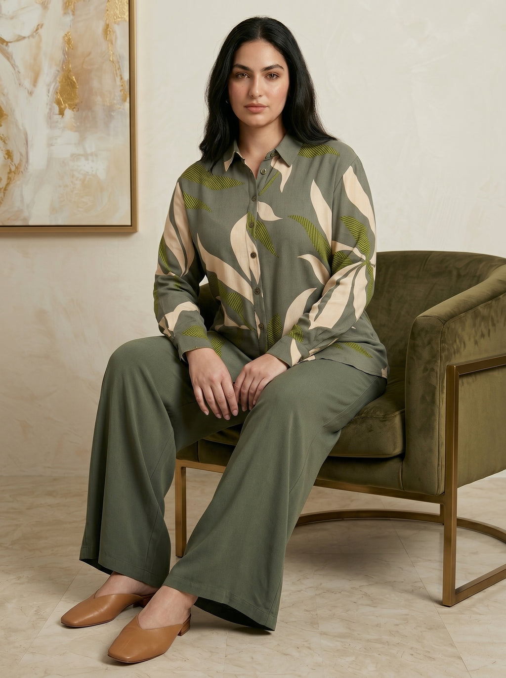 Two-Piece Nature-Print Button-Down Blouse and Matching Trousers Set