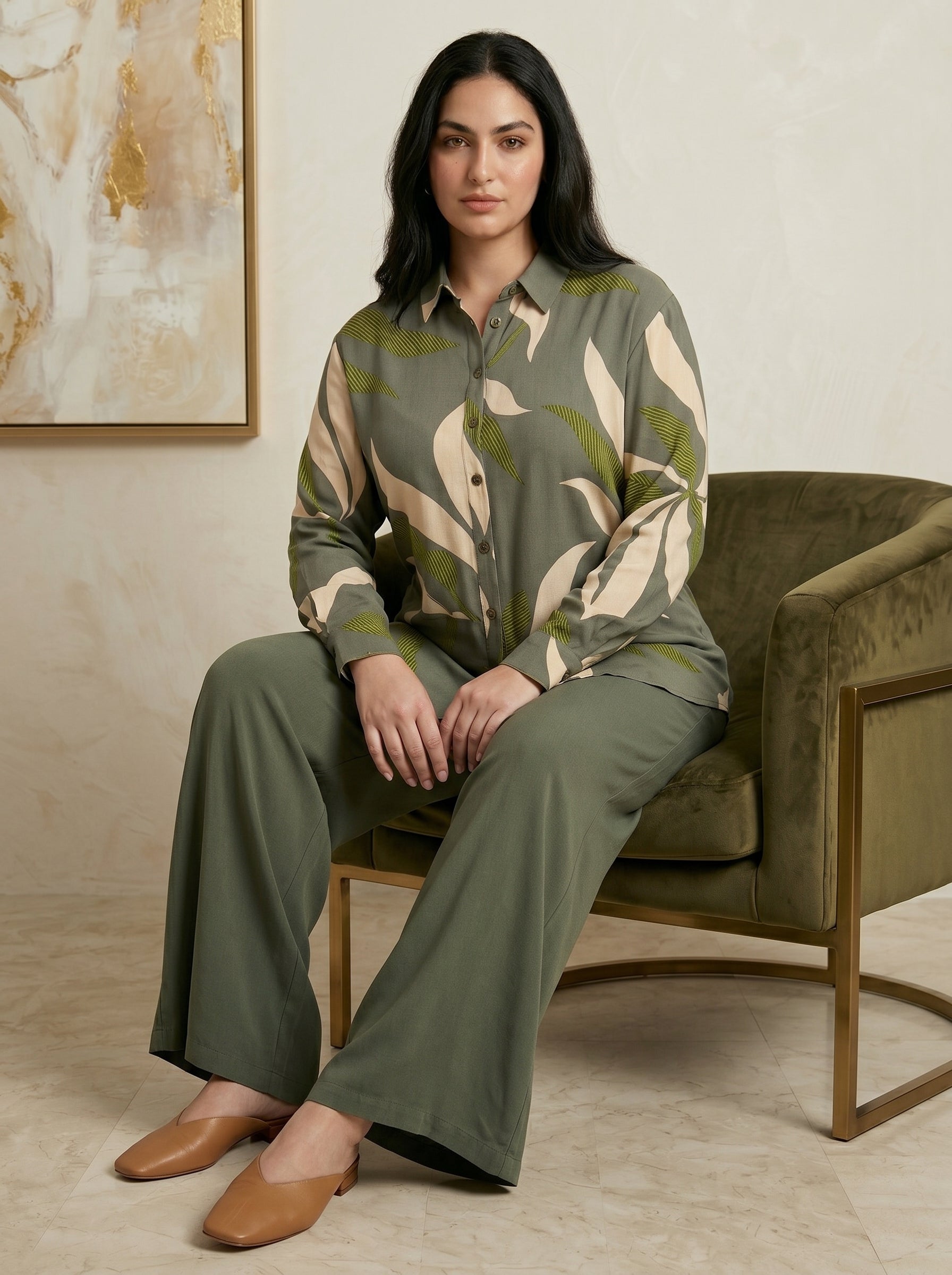 Two-Piece Nature-Print Button-Down Blouse and Matching Trousers Set
