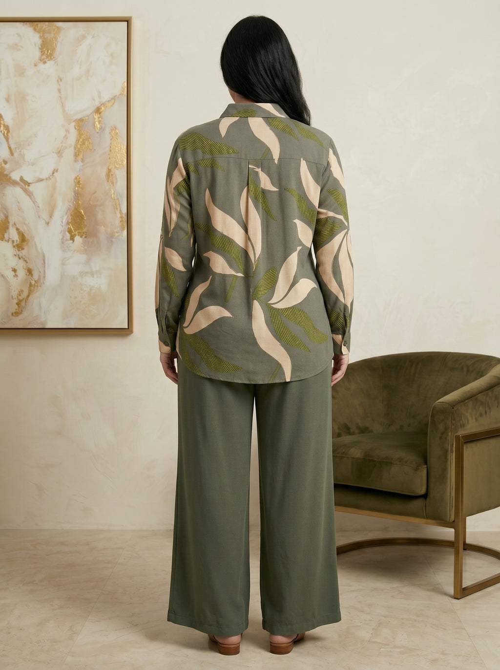 Two-Piece Nature-Print Button-Down Blouse and Matching Trousers Set