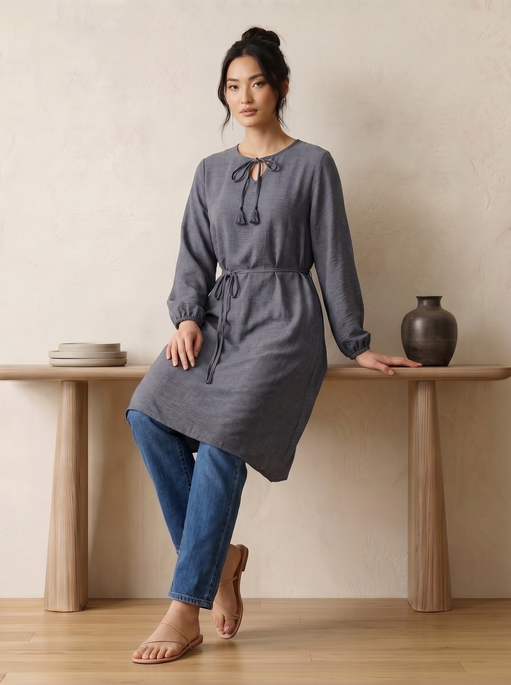 Tie-Neck Tassel Tunic Top