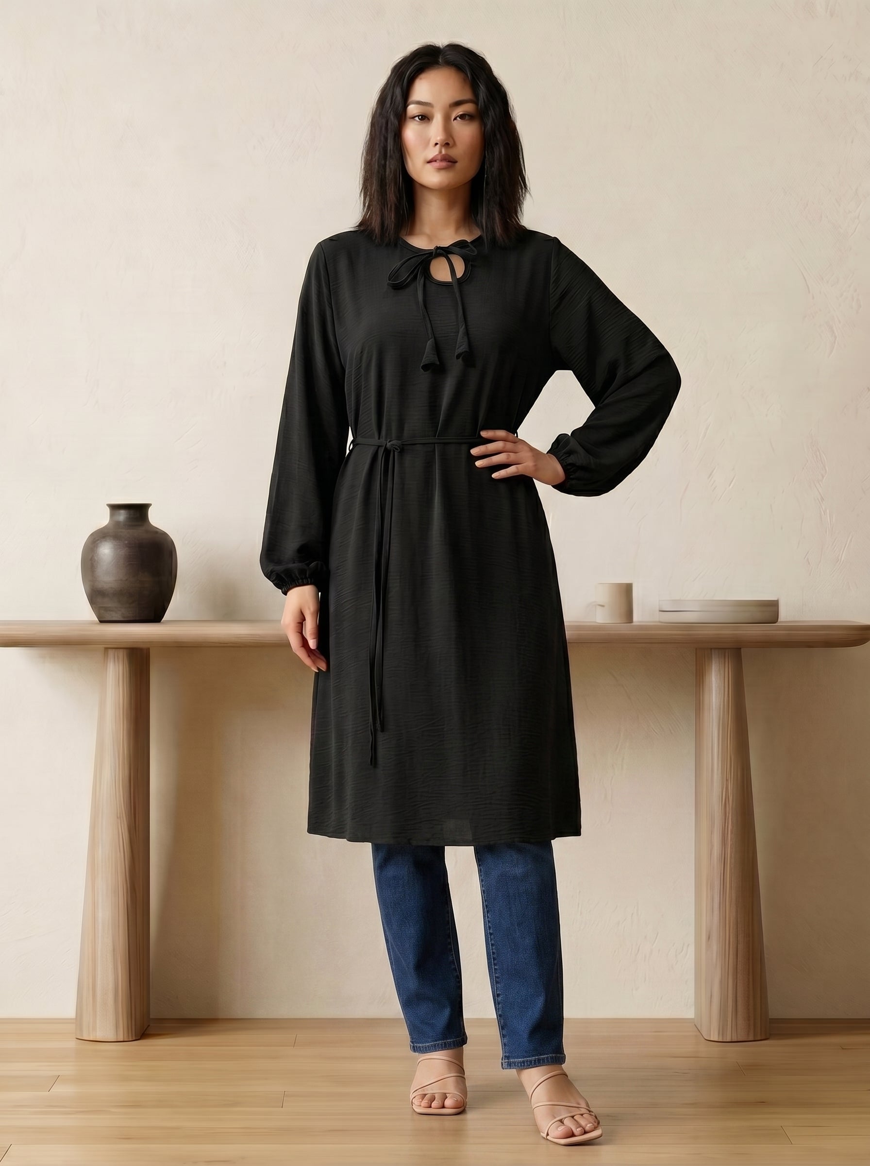 Tie-Neck Tassel Tunic Top