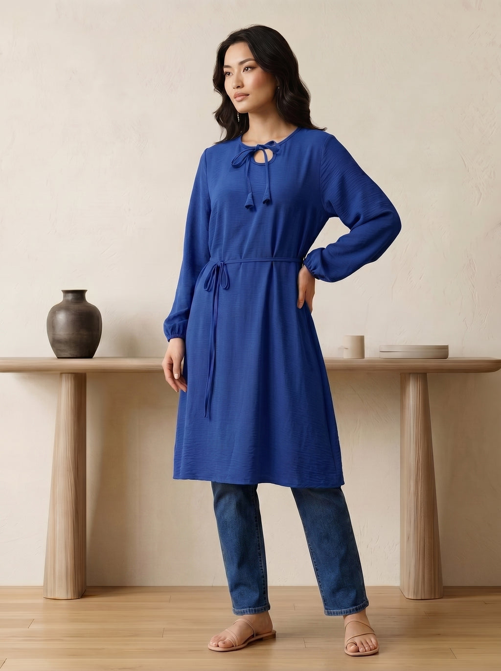 Tie-Neck Tassel Tunic Top