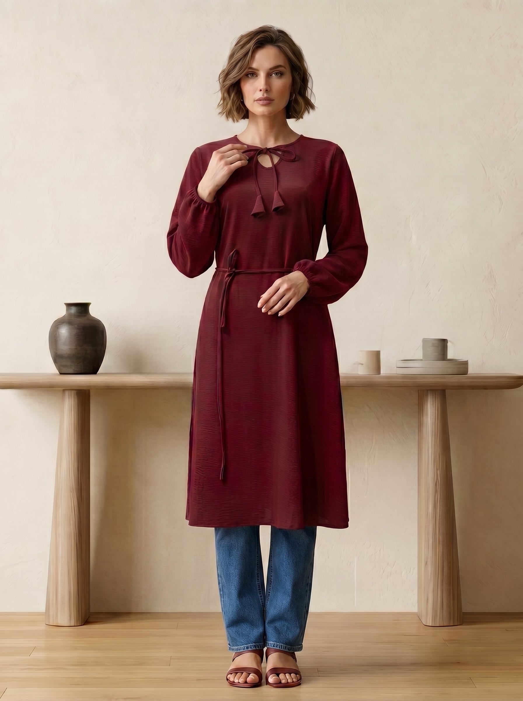 Tie-Neck Tassel Tunic Top