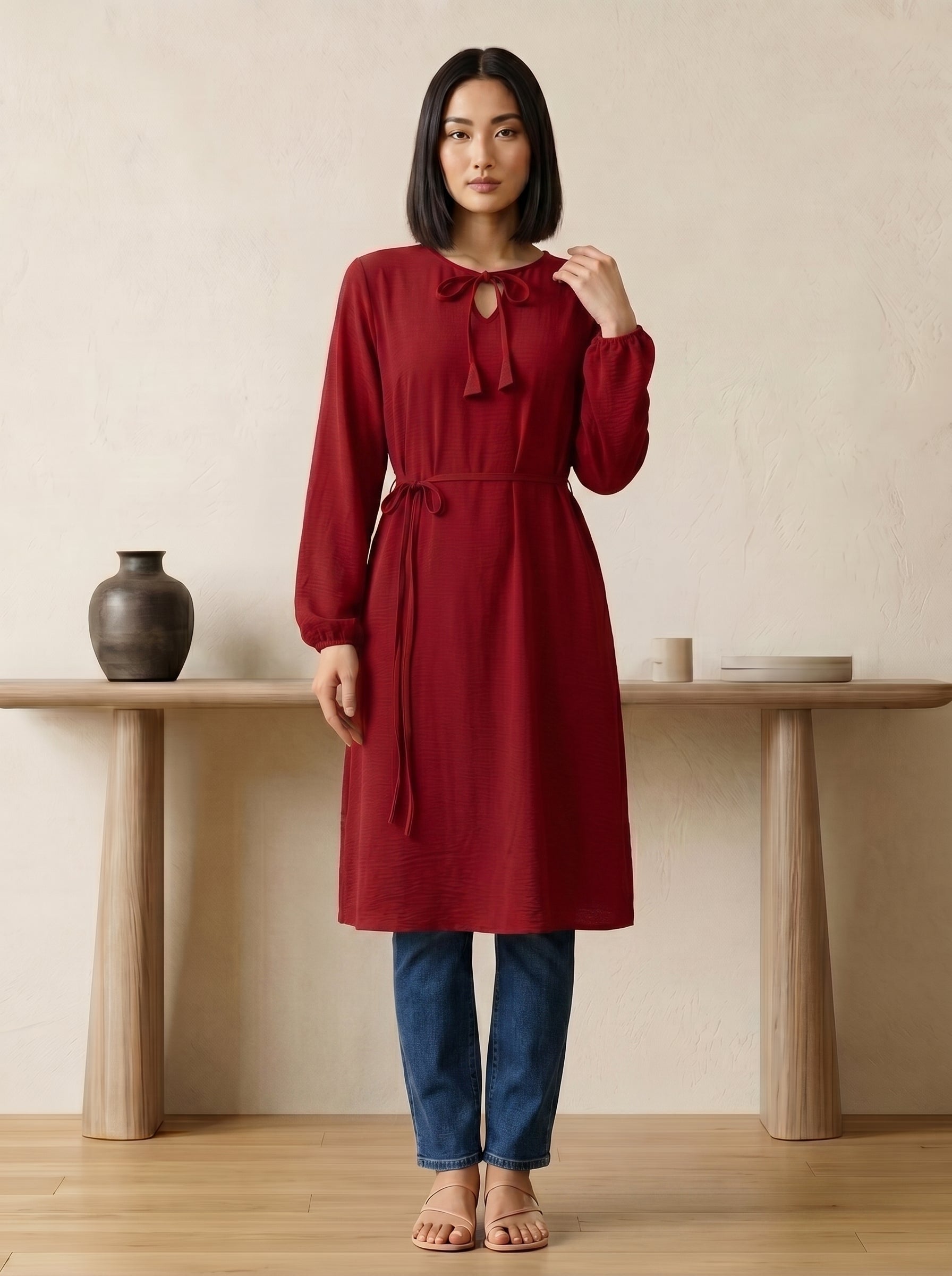 Tie-Neck Tassel Tunic Top