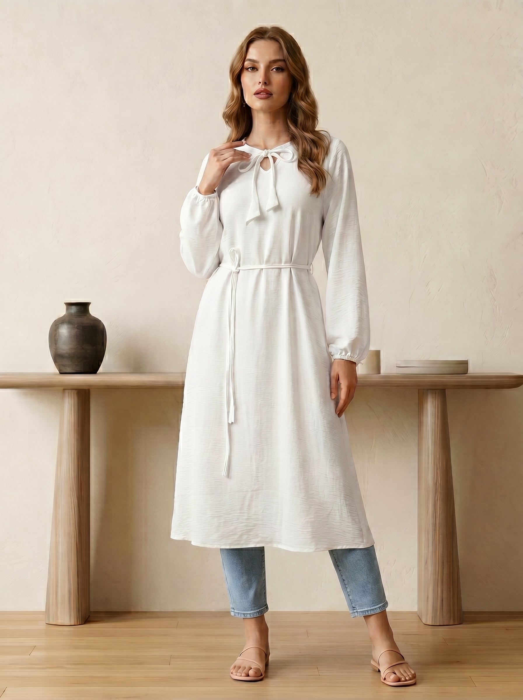 Tie-Neck Tassel Tunic Top