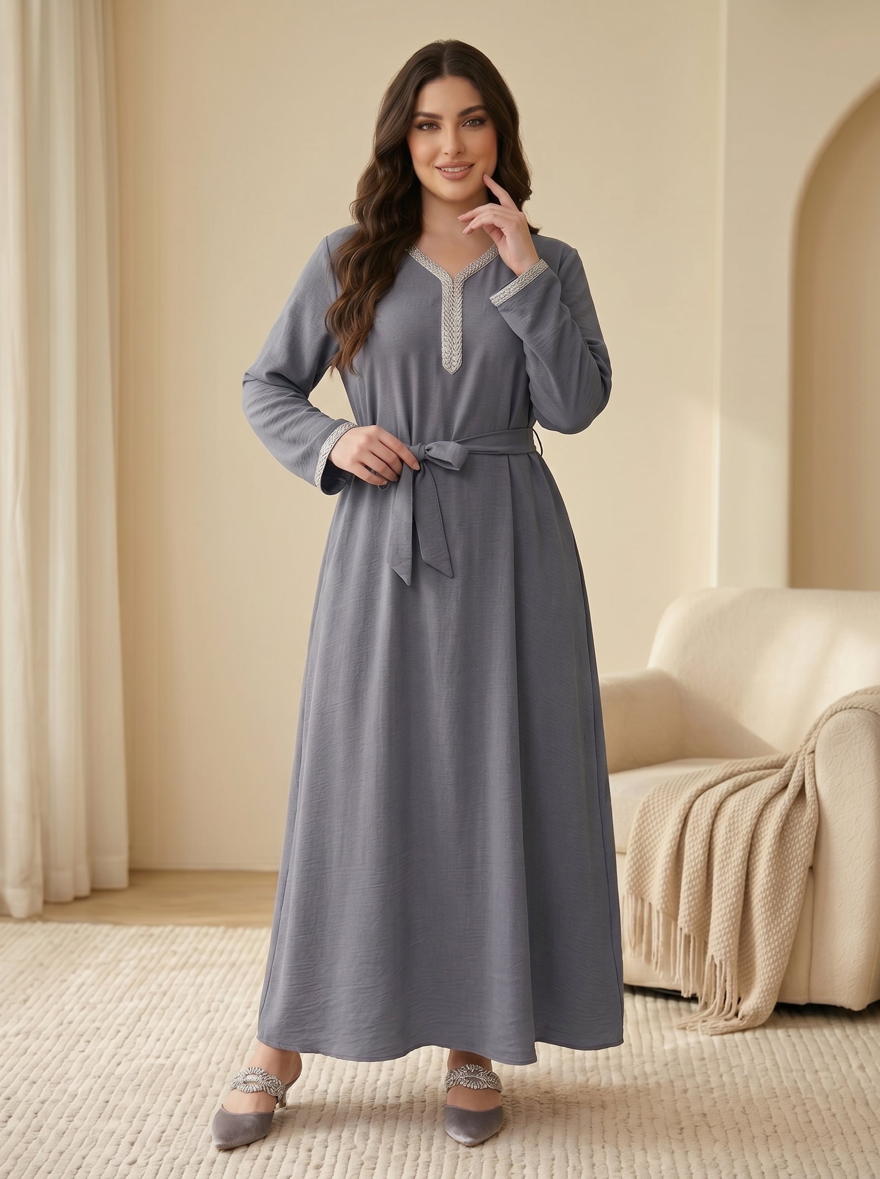 Embellished V-Neck Tie-Waist Jalabiya