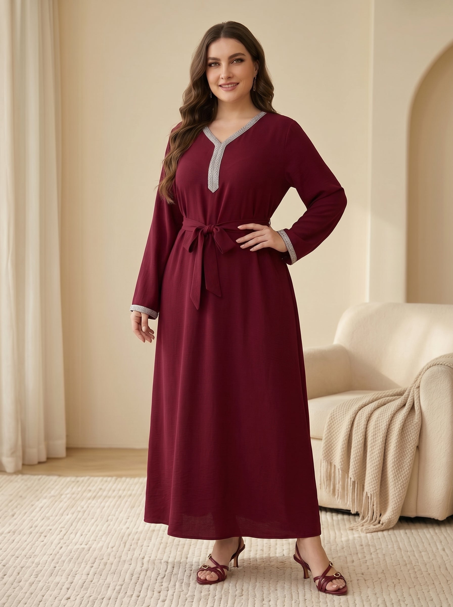 Embellished V-Neck Tie-Waist Jalabiya