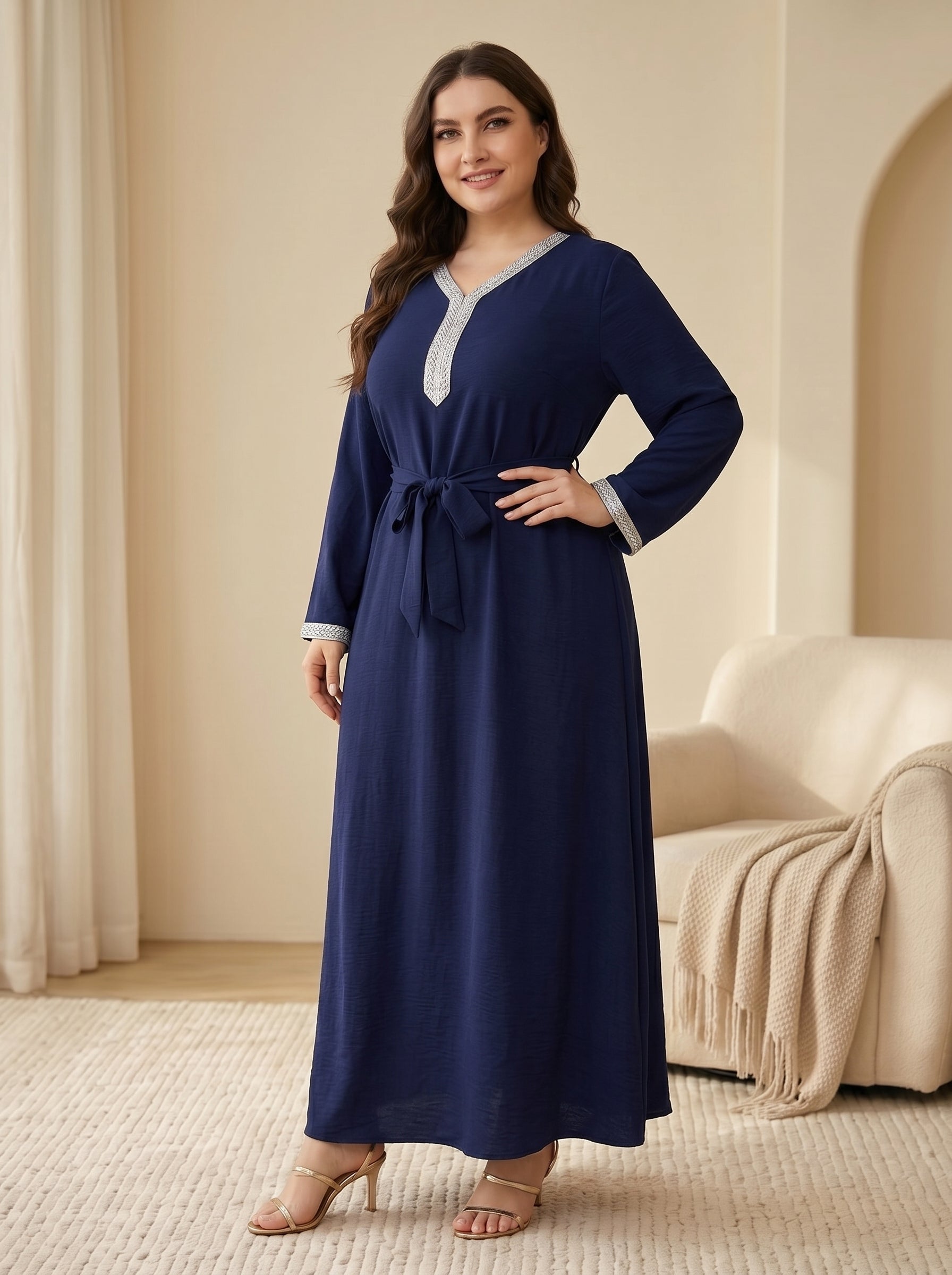 Embellished V-Neck Tie-Waist Jalabiya