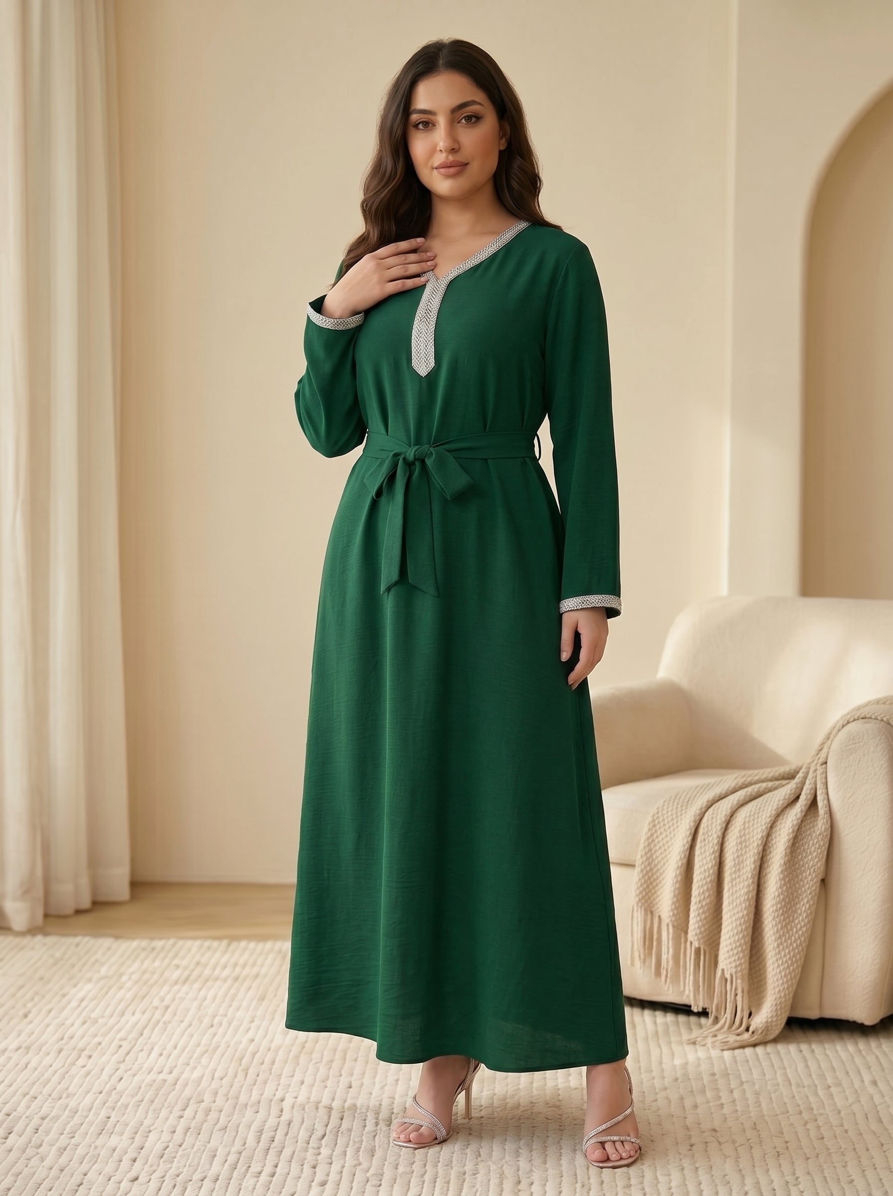 Embellished V-Neck Tie-Waist Jalabiya