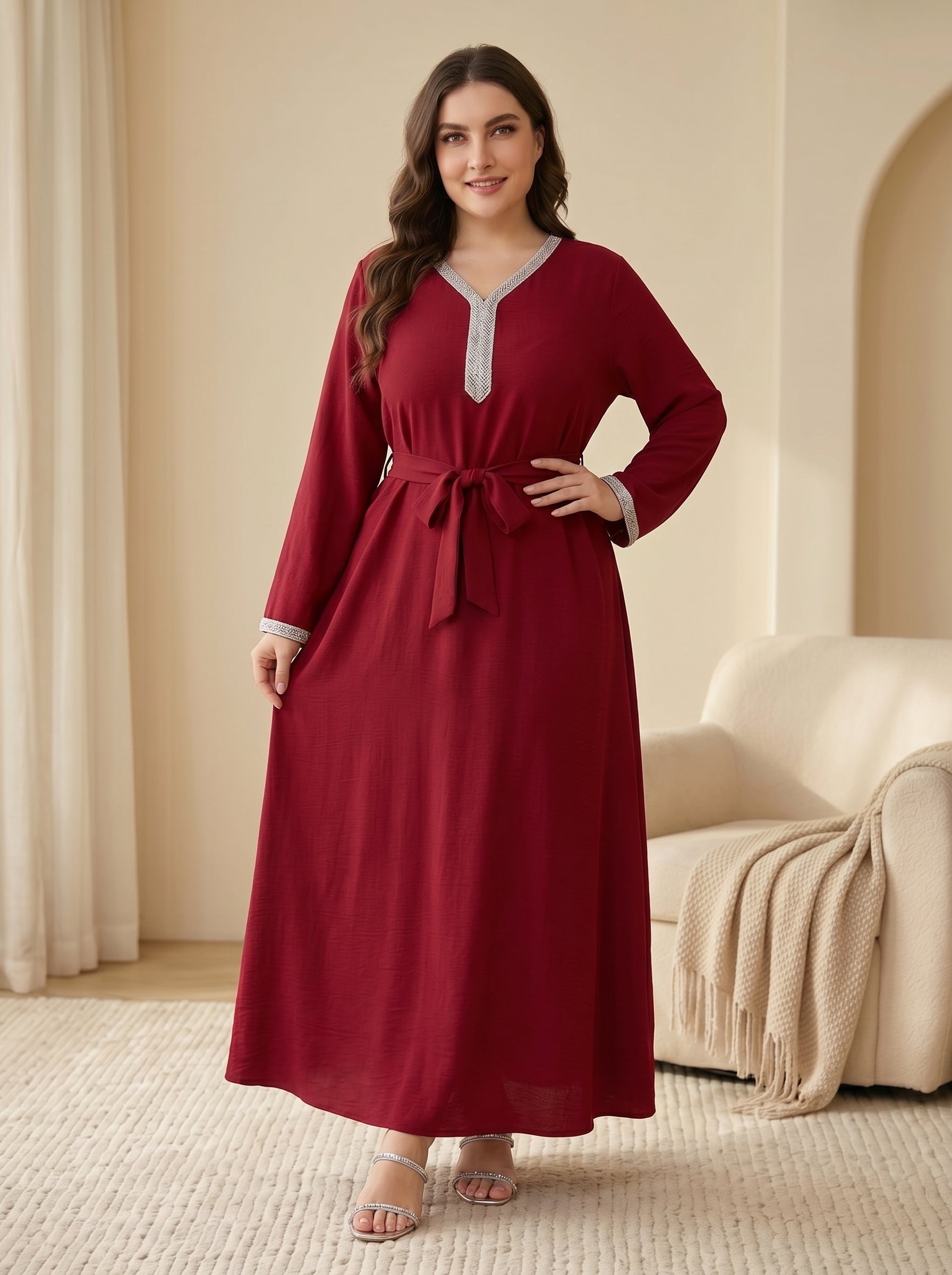 Embellished V-Neck Tie-Waist Jalabiya