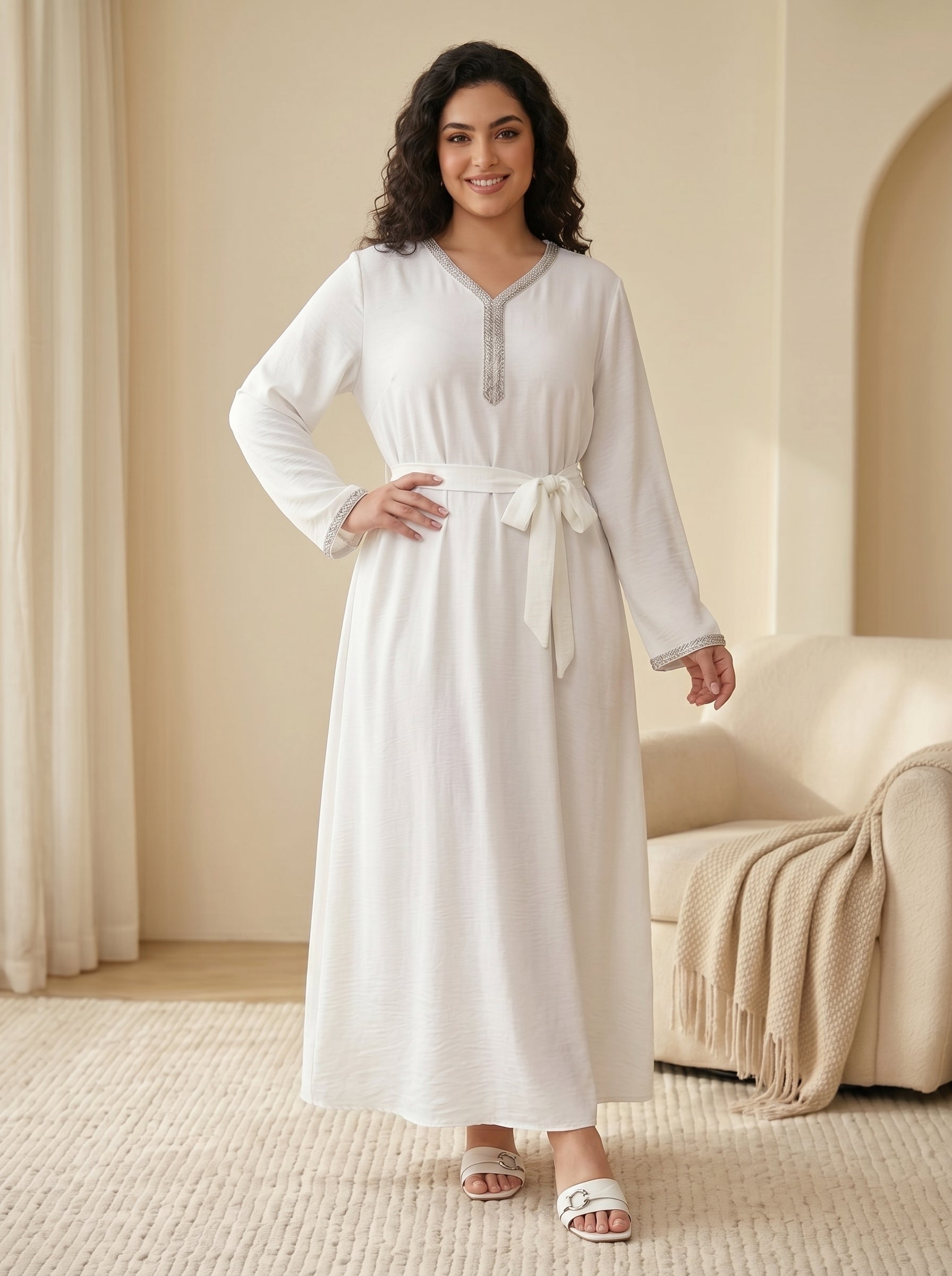 Embellished V-Neck Tie-Waist Jalabiya