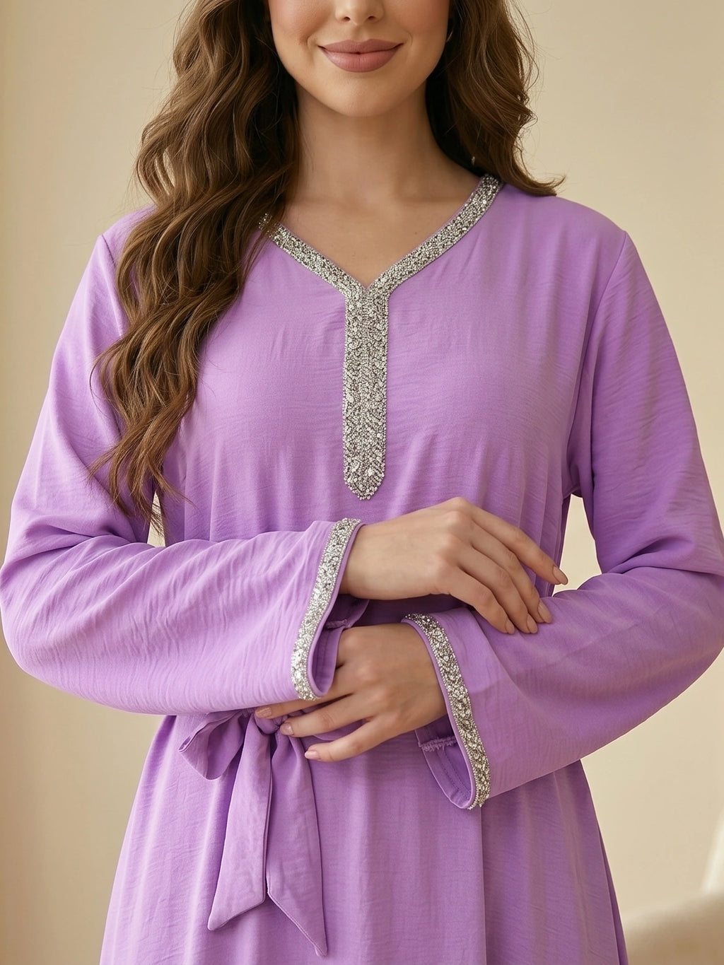 Embellished V-Neck Tie-Waist Jalabiya